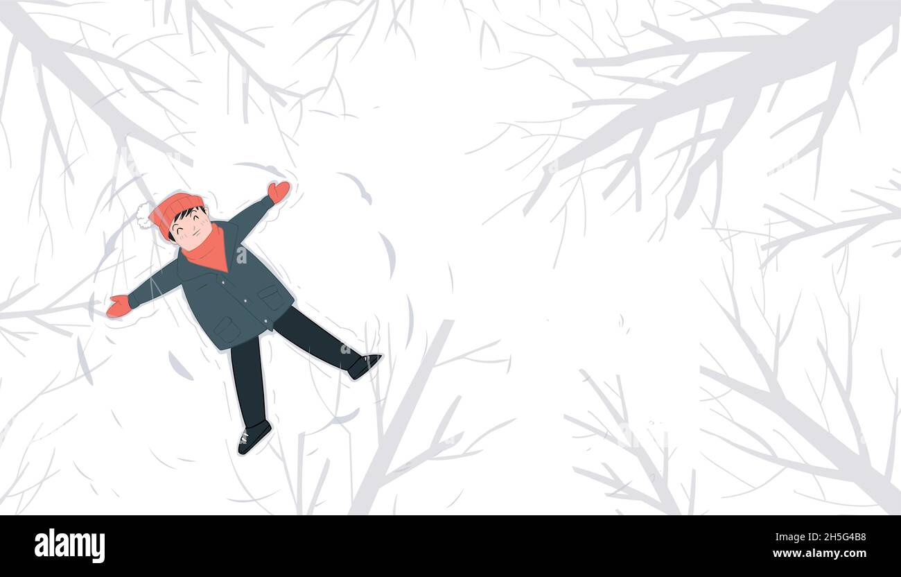 Illustration d'un homme allongé dans une forêt enneigée et profitant de l'hiver Illustration de Vecteur