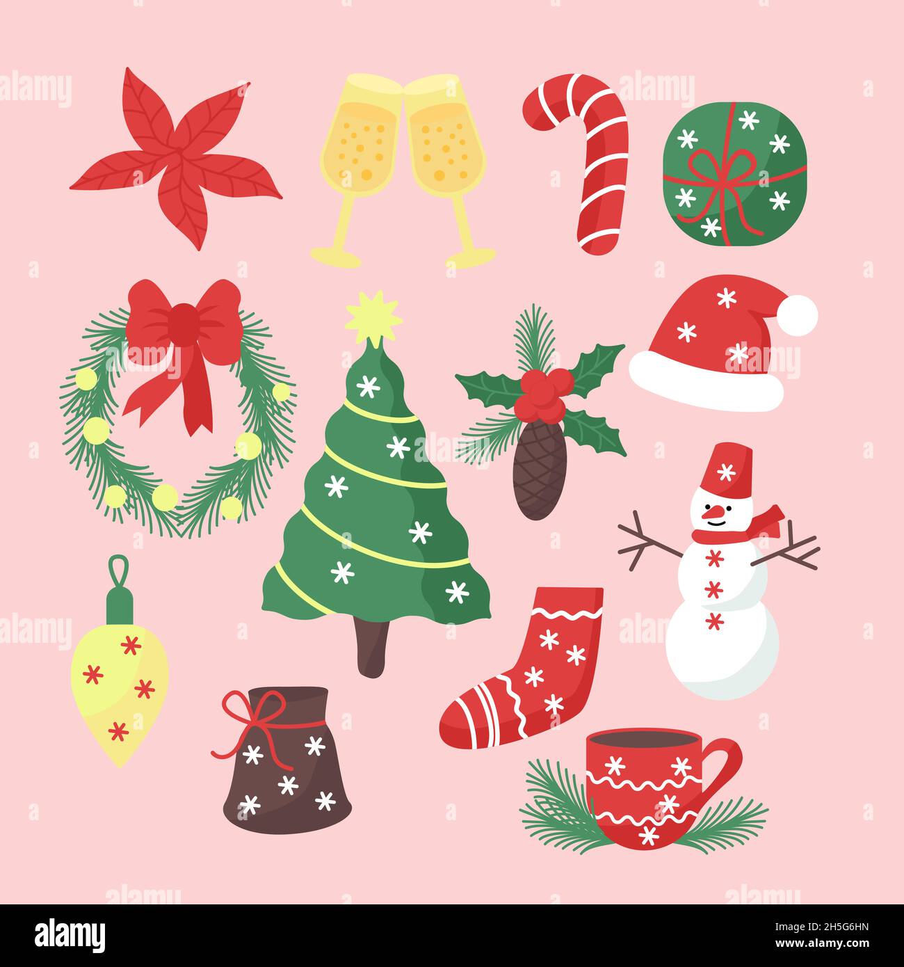 Ensemble d'éléments de Noël avec illustration vectorielle isolée de style plat.Articles hivernaux romantiques pour les motifs de salutation.Éléments de la nouvelle année Illustration de Vecteur