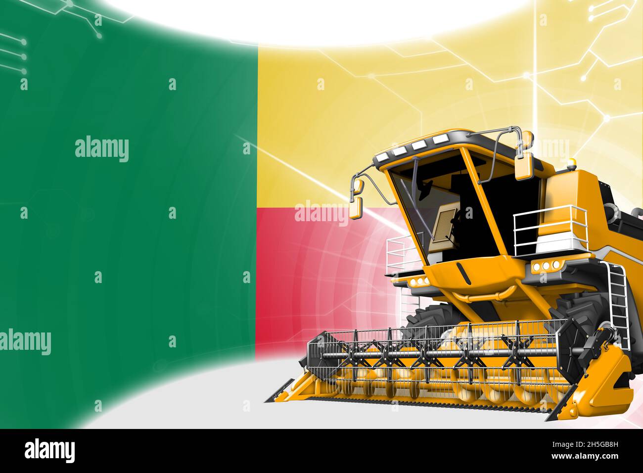 Concept d'innovation agricole, moissonneuse-batteuse à blé jaune avancée drapeau Bénin - illustration numérique industrielle 3D Banque D'Images Concept d'innovation agricole, moissonneuse-batteuse à blé jaune avancée drapeau Bénin - illustration numérique industrielle 3D Banque D'Images