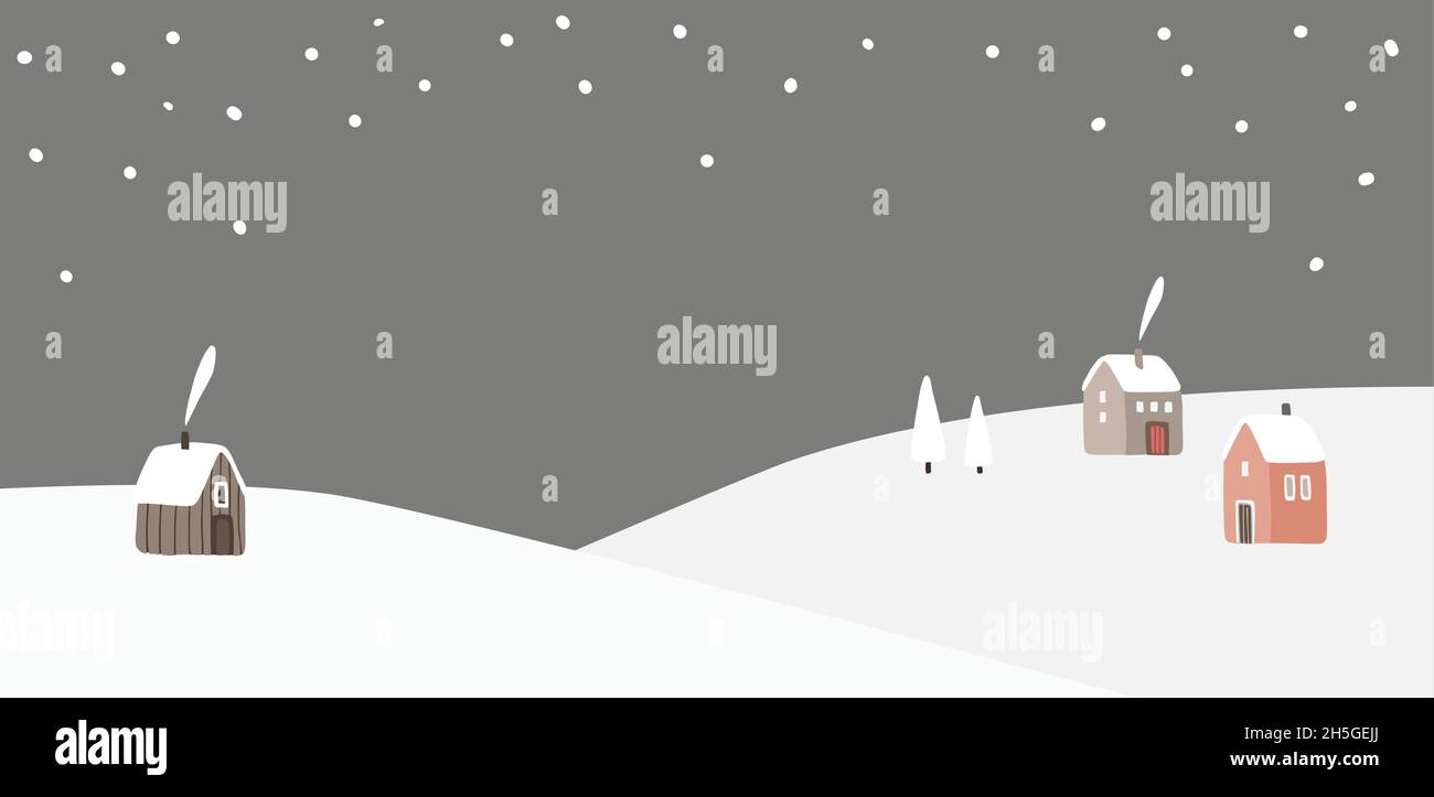 Paysage d'hiver.Collines avec maisons mignonnes, cheminées fumeurs.Arbres blancs et collines.Chute de neige, ciel sombre.Bannière de fête.Copie vide Illustration de Vecteur