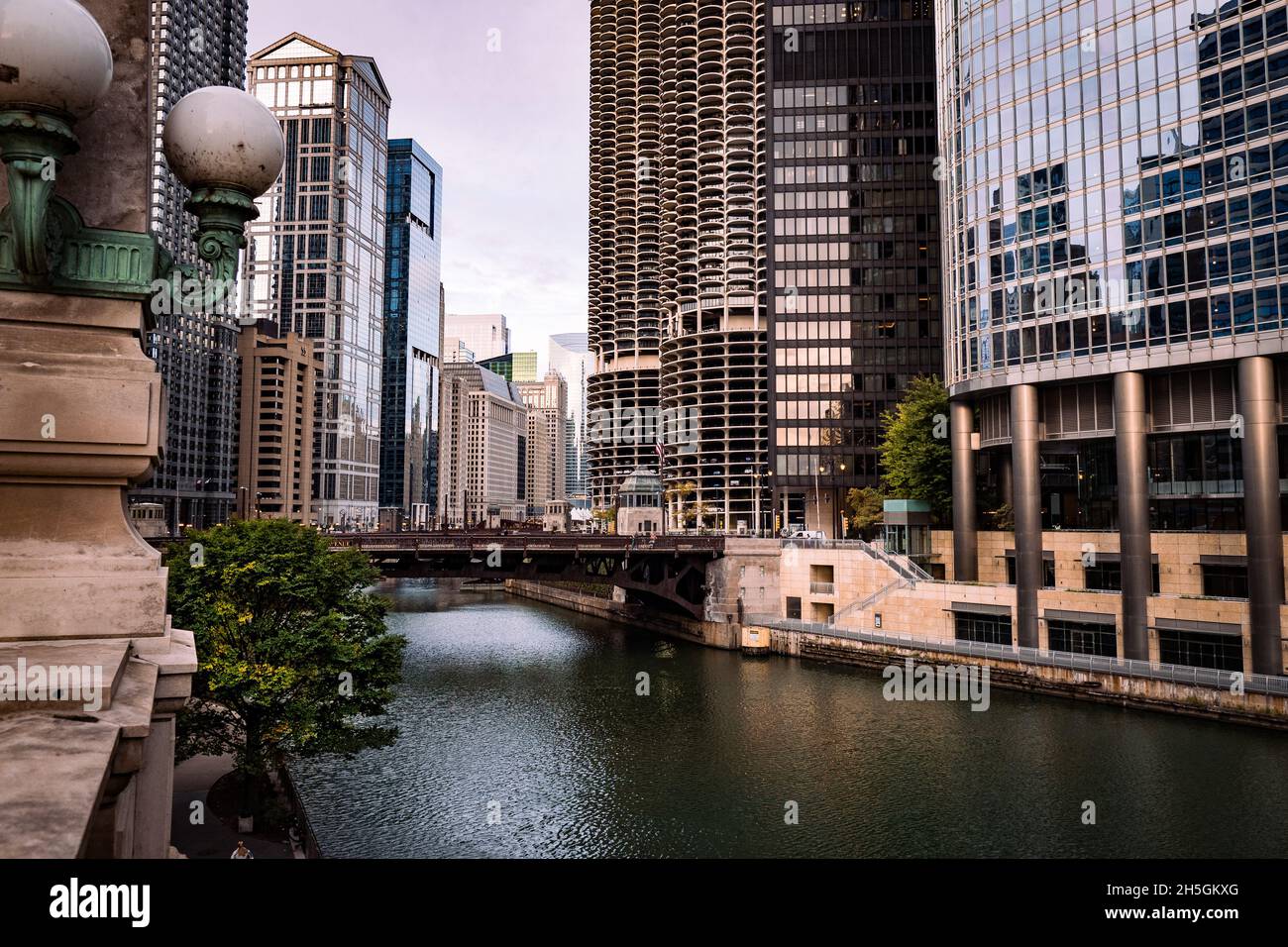 Vue en début de matinée de la tige principale de la rivière Chicago avec des gratte-ciels en arrière-plan, centre-ville de Chicago, il, États-Unis Banque D'Images