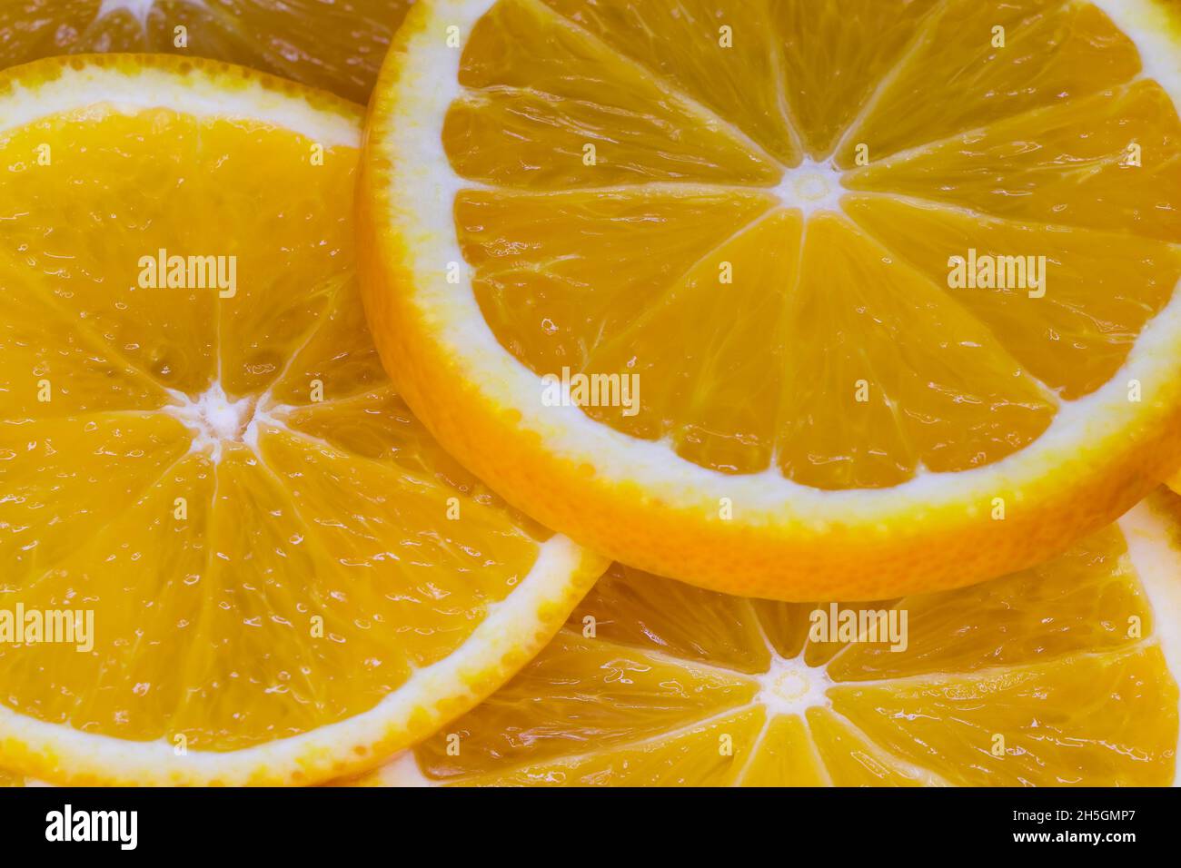 Valencia Orange Citrus tranches de fruits Résumé gros plan (Citrus x sinensis) Banque D'Images