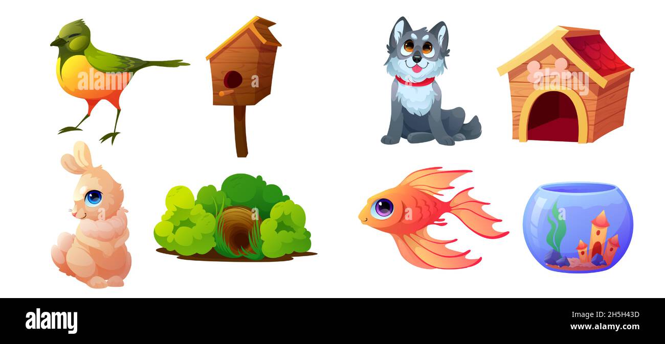 Animaux de compagnie, animaux domestiques et leurs maisons.Chiot et stand, lapin et terrier, poisson d'or avec aquarium, canari et cabane à oiseaux.Personnages mignons isolés sur fond blanc, illustration vectorielle de dessin animé Illustration de Vecteur