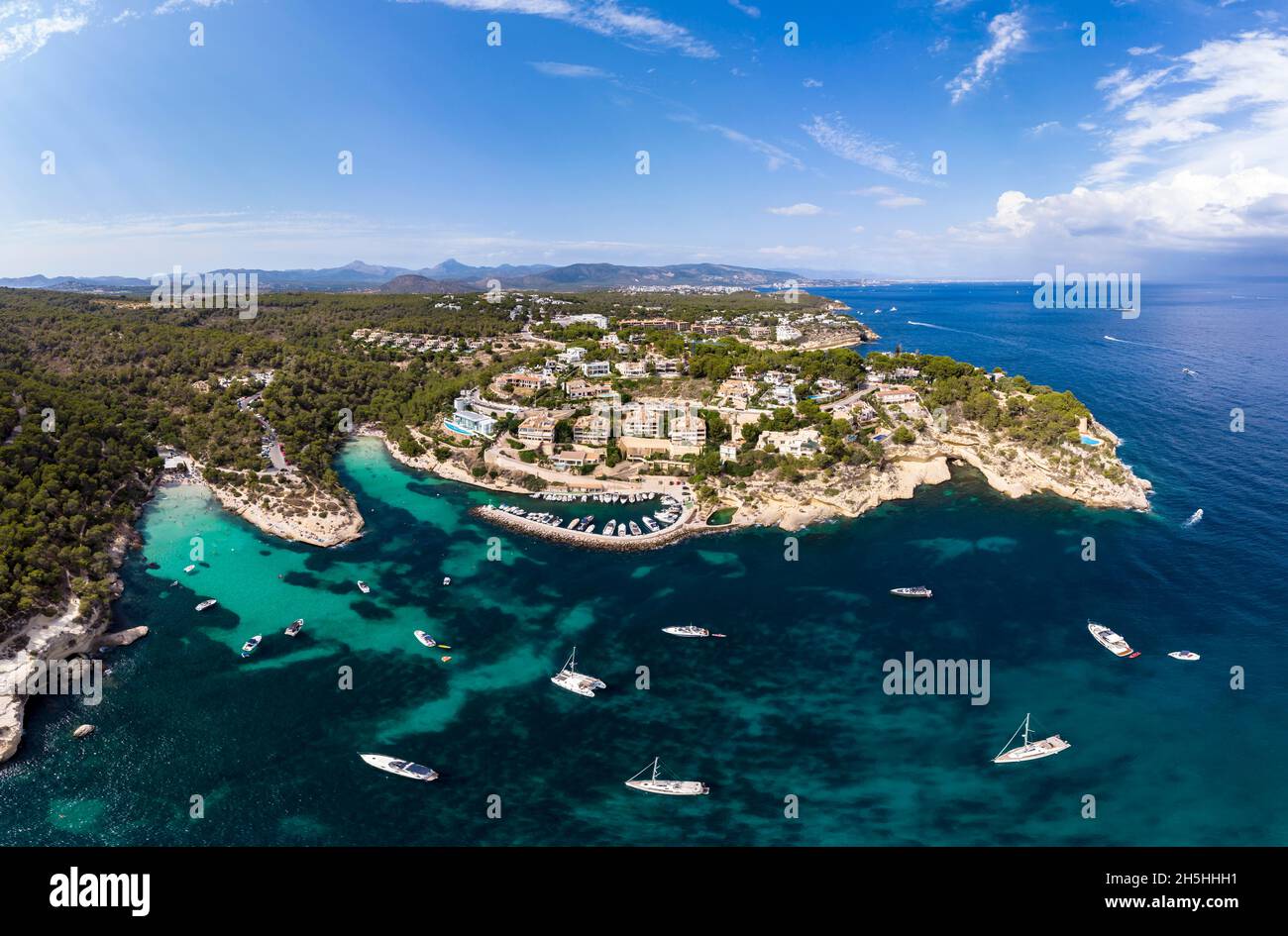 Drone abattu, vue sur les cinq doigts Baie de Portals Vells, Majorque, Îles Baléares, Espagne Banque D'Images