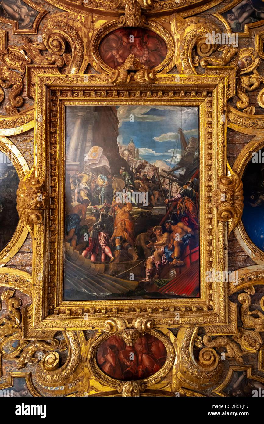 Peinture de plafond dans le Sala dello Scrutinio, vue intérieure, Palais des Doges, Palazzo Ducale, Venise,Vénétie, Italie Banque D'Images