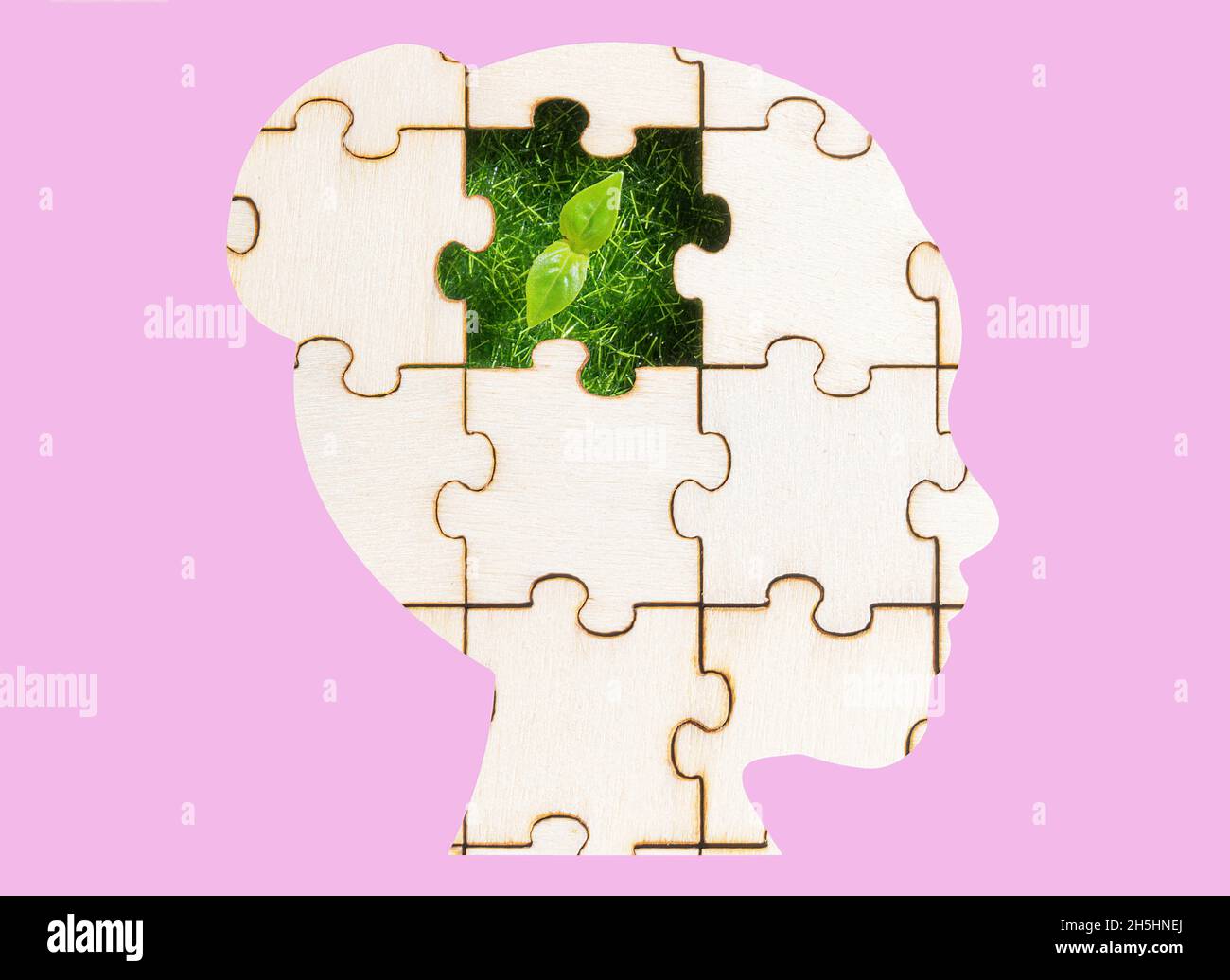Puzzle de forme de tête de femme avec un sprint vert visible à travers la pièce manquante sur un fond rose.Le concept de développement d'une gree Banque D'Images