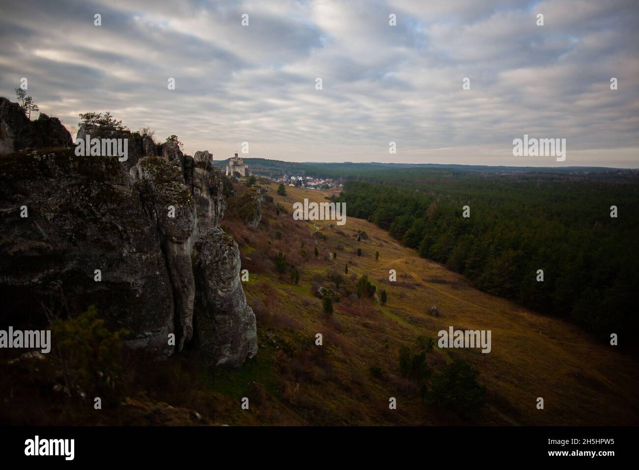 Panorama avec le château à Ogrodzieniec à distance, les ruines du château, la forêt, les rochers et les collines magnifique panorama sur le paysage à Trail of the Eagles' Nest Banque D'Images