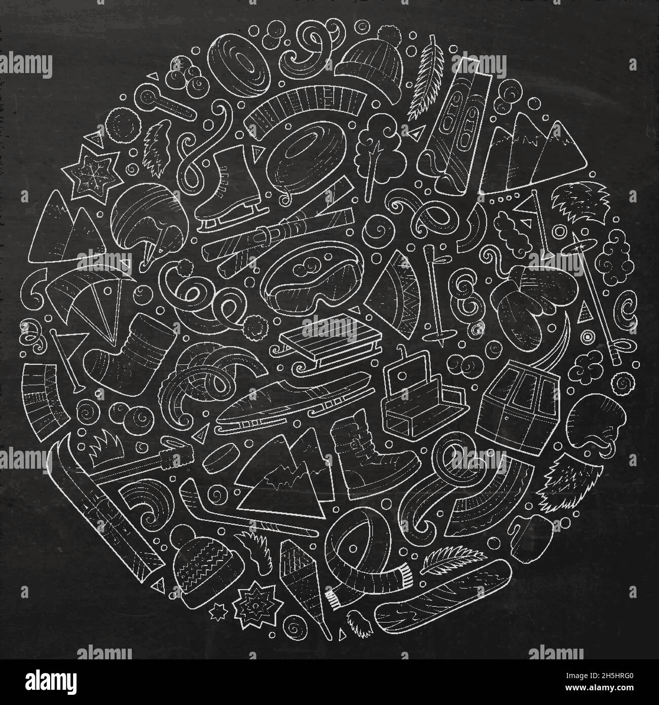 Ensemble de dessins animés vectoriels dessinés à la main d'objets, symboles et objets de dessin animé de sports d'hiver.Composition de tableau noir rond Illustration de Vecteur