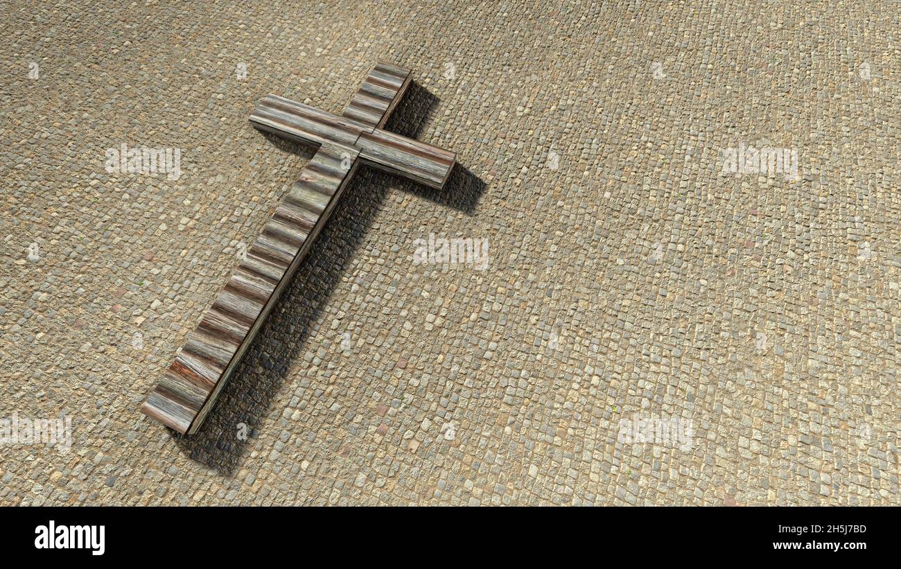 Concept ou concept de bois de la croix sur un fond de chaussée de pierre. métaphore de l'illustration 3d pour Dieu, Christ, Christianisme, religieux, foi, saint Banque D'Images