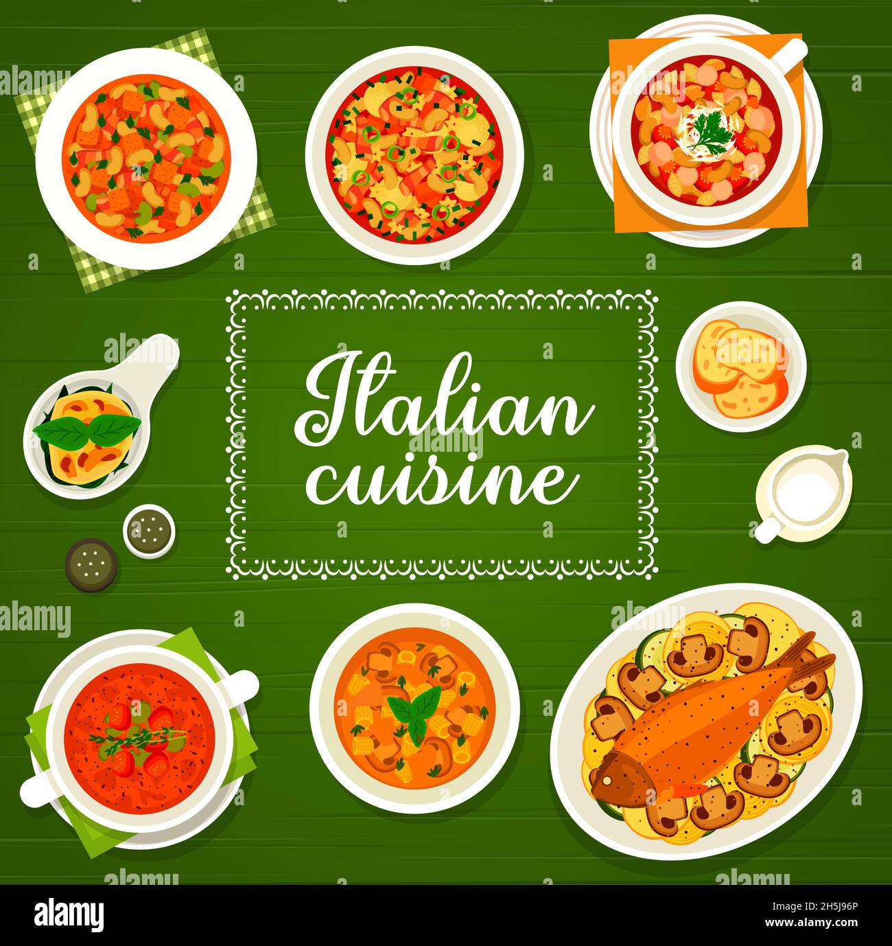 Cuisine italienne vecteur soupe à la crème milanaise, poisson sicilien et minestrone ou soupes de tomates.Œufs florentine, soupe de lentilles avec pâtes de dalitini, légumes Illustration de Vecteur