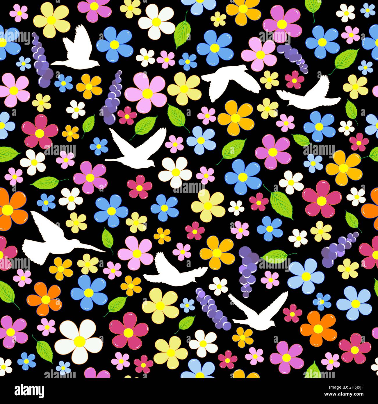 Sans coutures colorées avec fleurs et oiseaux Illustration de Vecteur