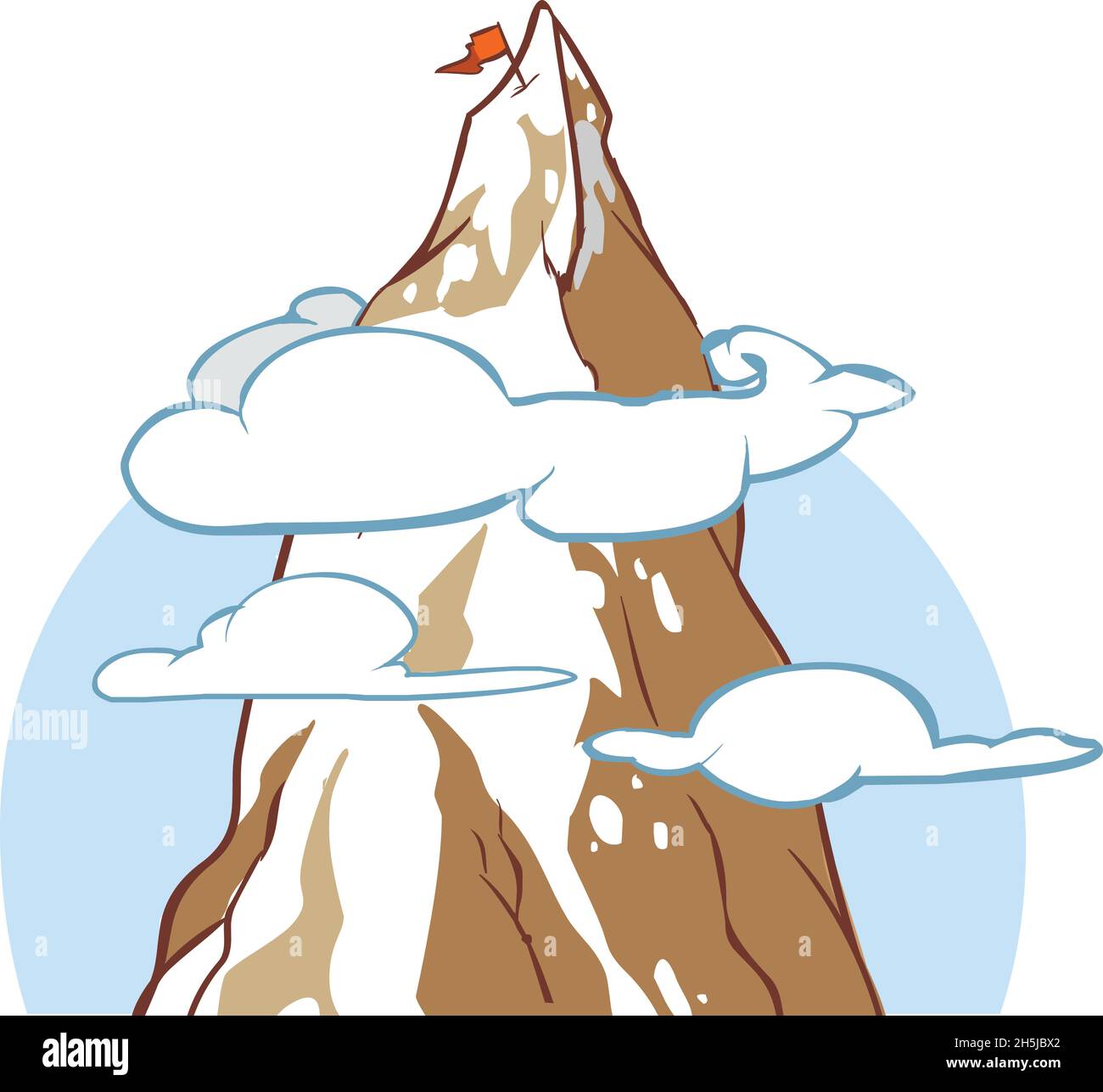 des montagnes de dessins animés et des rochers avec un drapeau rouge sur le pic, l'arrière-plan du ciel avec des nuages, illustration vectorielle Illustration de Vecteur