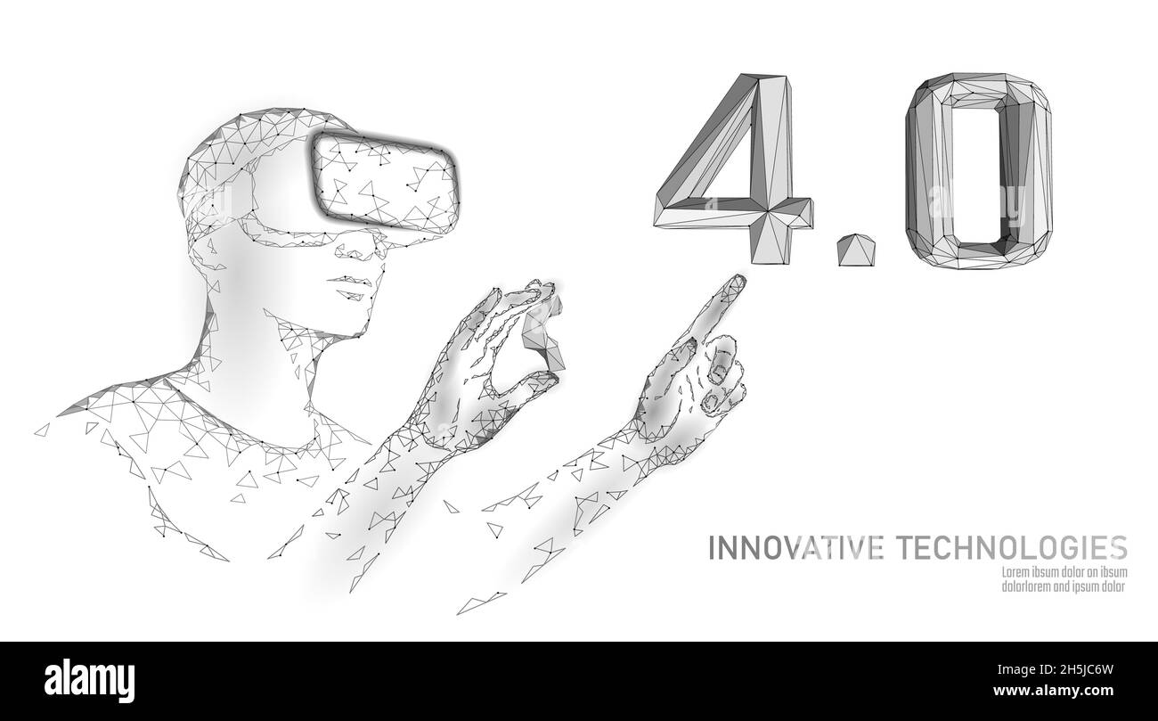 Poly basse révolution industrielle futur concept. 4.0 L'industrie casque VR assemblés nombre de lunettes. La réalité augmentée en ligne Gestion de l'industrie. 3D Illustration de Vecteur