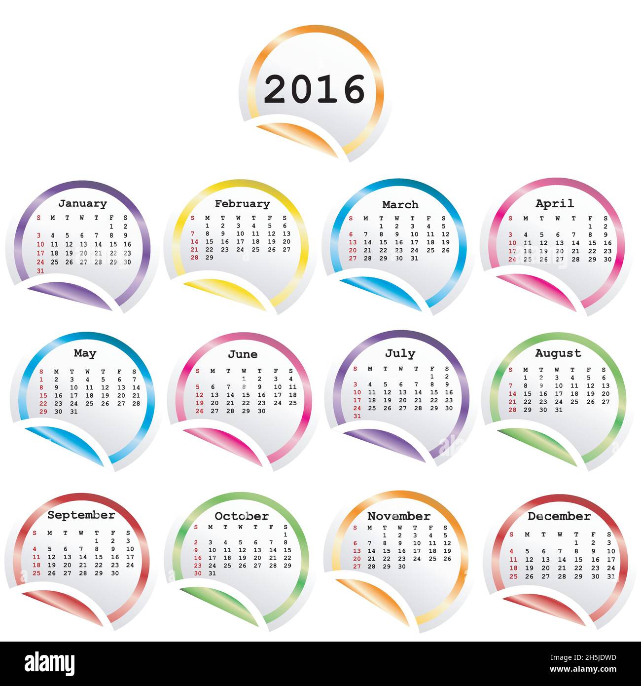 Calendrier 2016 avec autocollants brillant rond Illustration de Vecteur