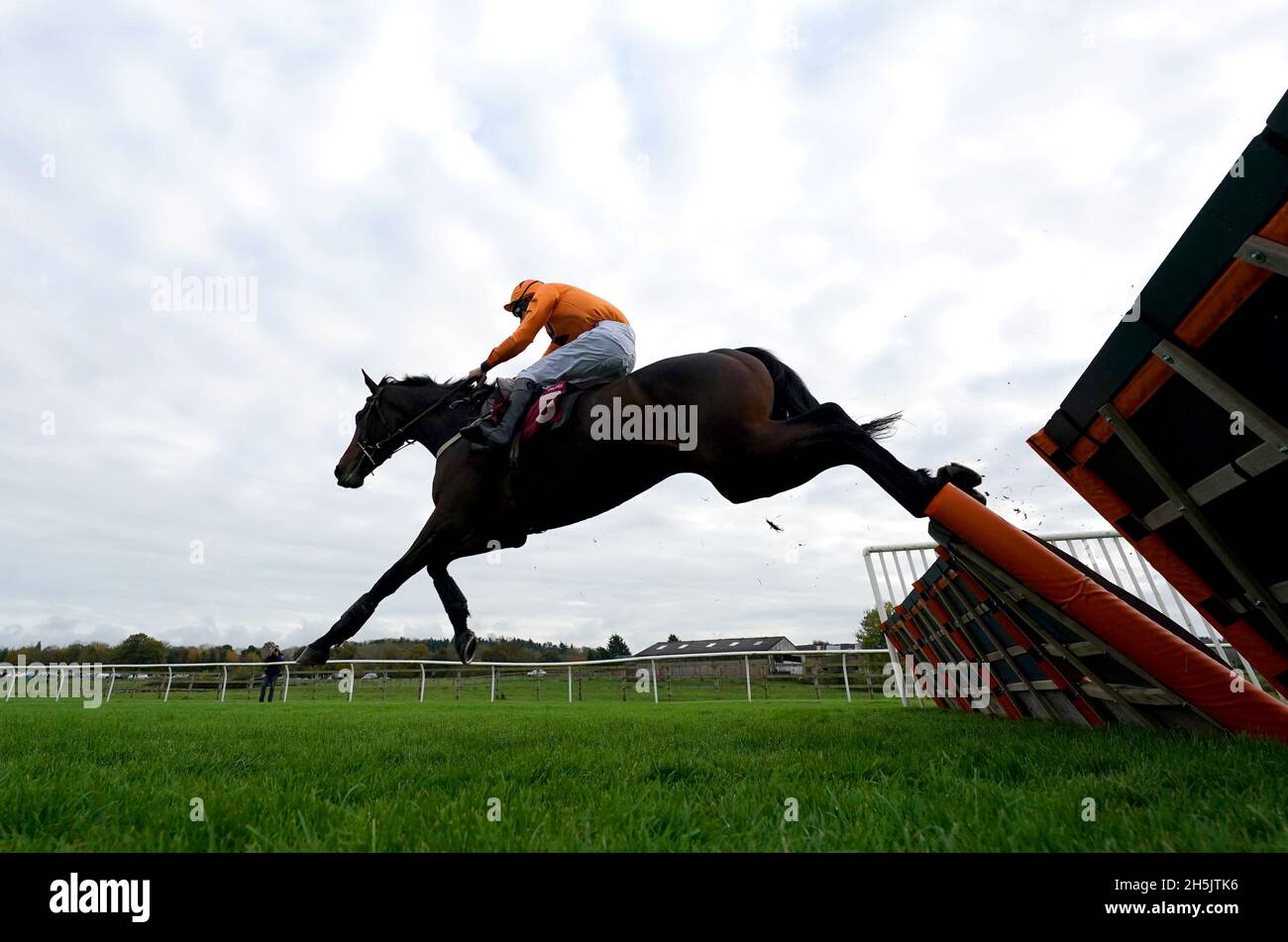 Saint Segal, monté par le jockey Chester Williams, se défait un obstacle sur le chemin de gagner les dix à suivre à l'obstacle tote.co.uk Juvenile Maiden à l'hippodrome de Bangor-on-Dee.Date de la photo: Mercredi 10 novembre 2021. Banque D'Images