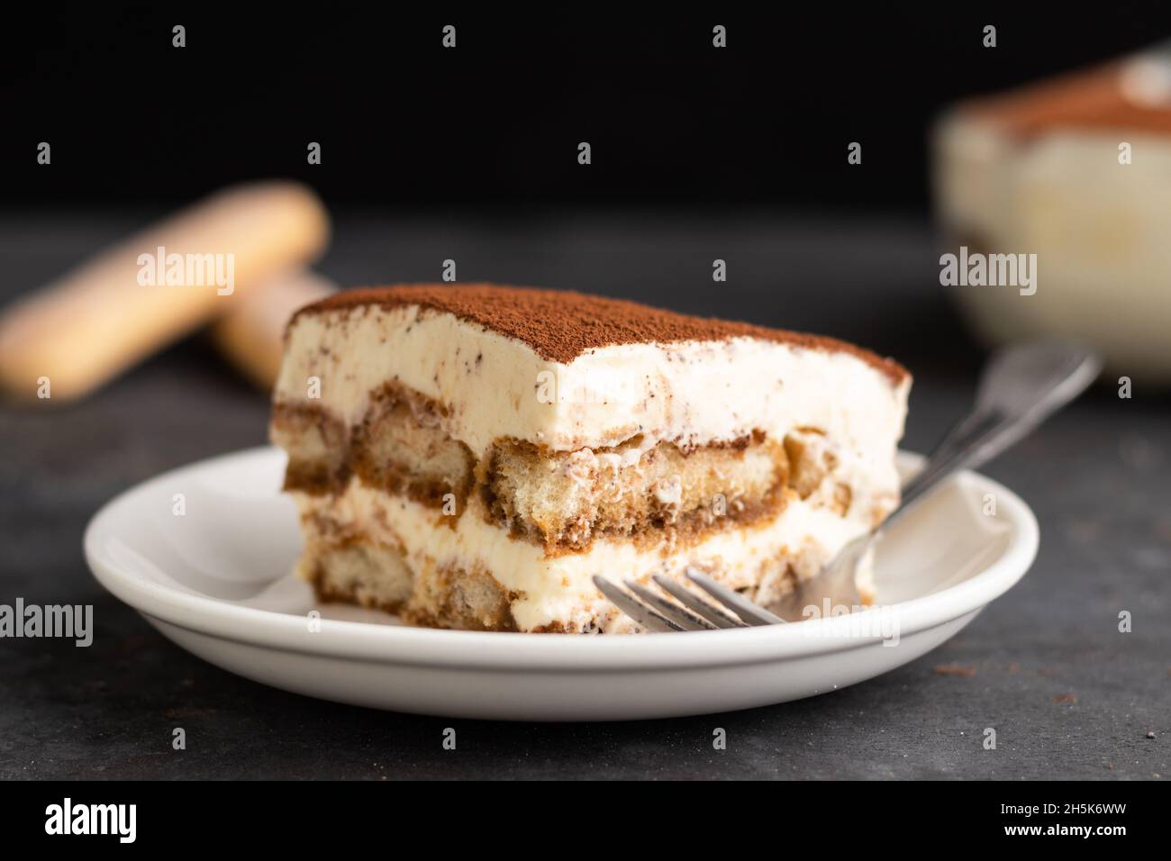 Morceau de tiramisu dans une assiette avec plateau de tiramisu et ladyfingers dans le dos sur le fond sombre. Banque D'Images