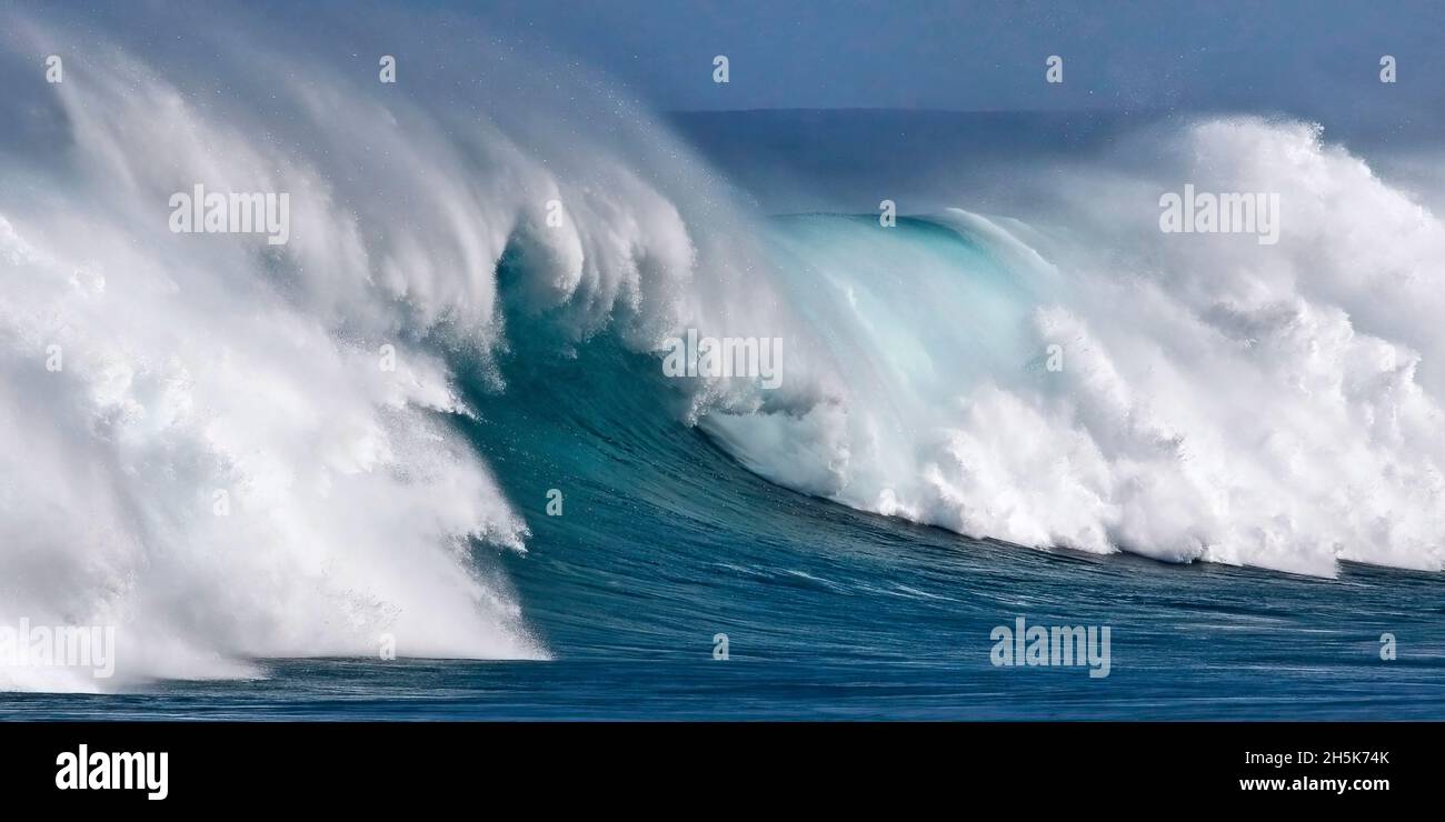 Crête et mousse d'eau blanche d'une grande vague de rupture, Maui ; Hawaii, États-Unis d'Amérique Banque D'Images