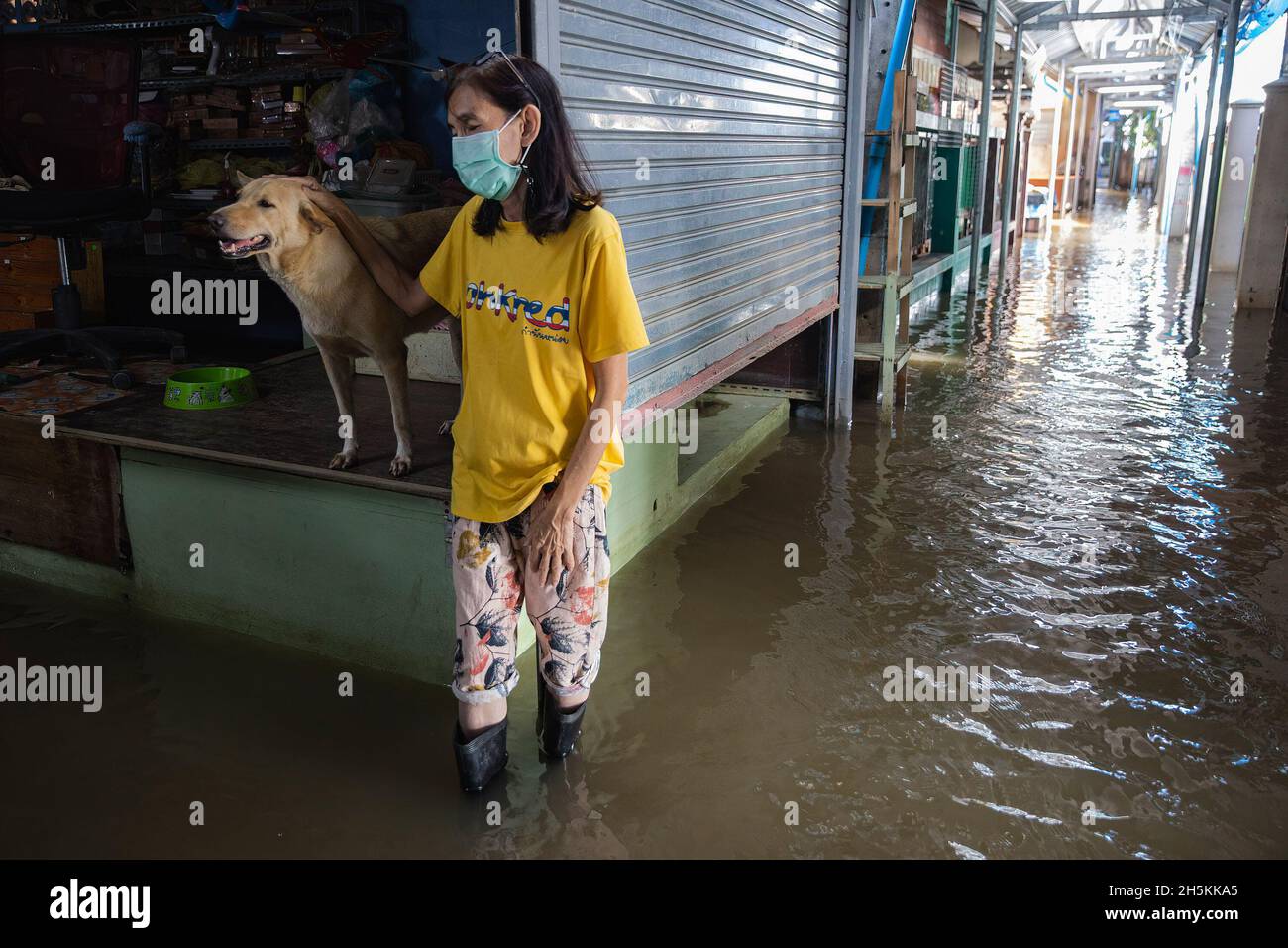 Nonthaburi, Thaïlande.10 novembre 2021.La résidente de Koh Kret se tient avec son chien à l'allée inondée de la place du marché.Après la tempête de Dianmu, la tempête tropicale de Lionrock et la tempête de Kompasu, 13 provinces ont été touchées par le niveau de la mer marémotrice qui a causé des inondations.Koh Kret une destination touristique culturelle connaissable, une communauté au bord de la rivière et une île à Nonthaburi sont quelques-unes des zones touchées.(Photo de Varuth Pongsaponwatt/SOPA image/Sipa USA) crédit: SIPA USA/Alay Live News Banque D'Images