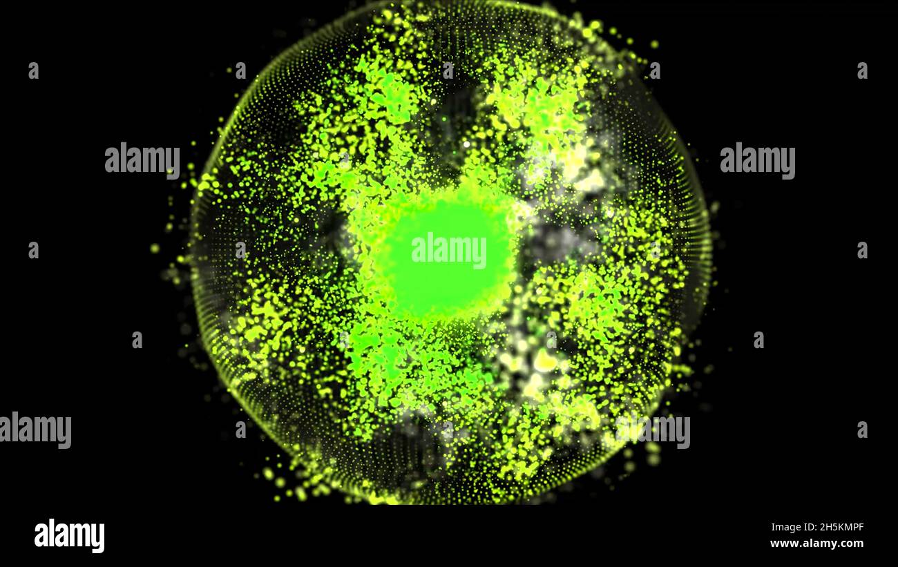 Sphère plasmatique abstraite sur fond noir.Animation.Caillot atomique étincelant de sphère tournant dans un espace isolé noir. Banque D'Images