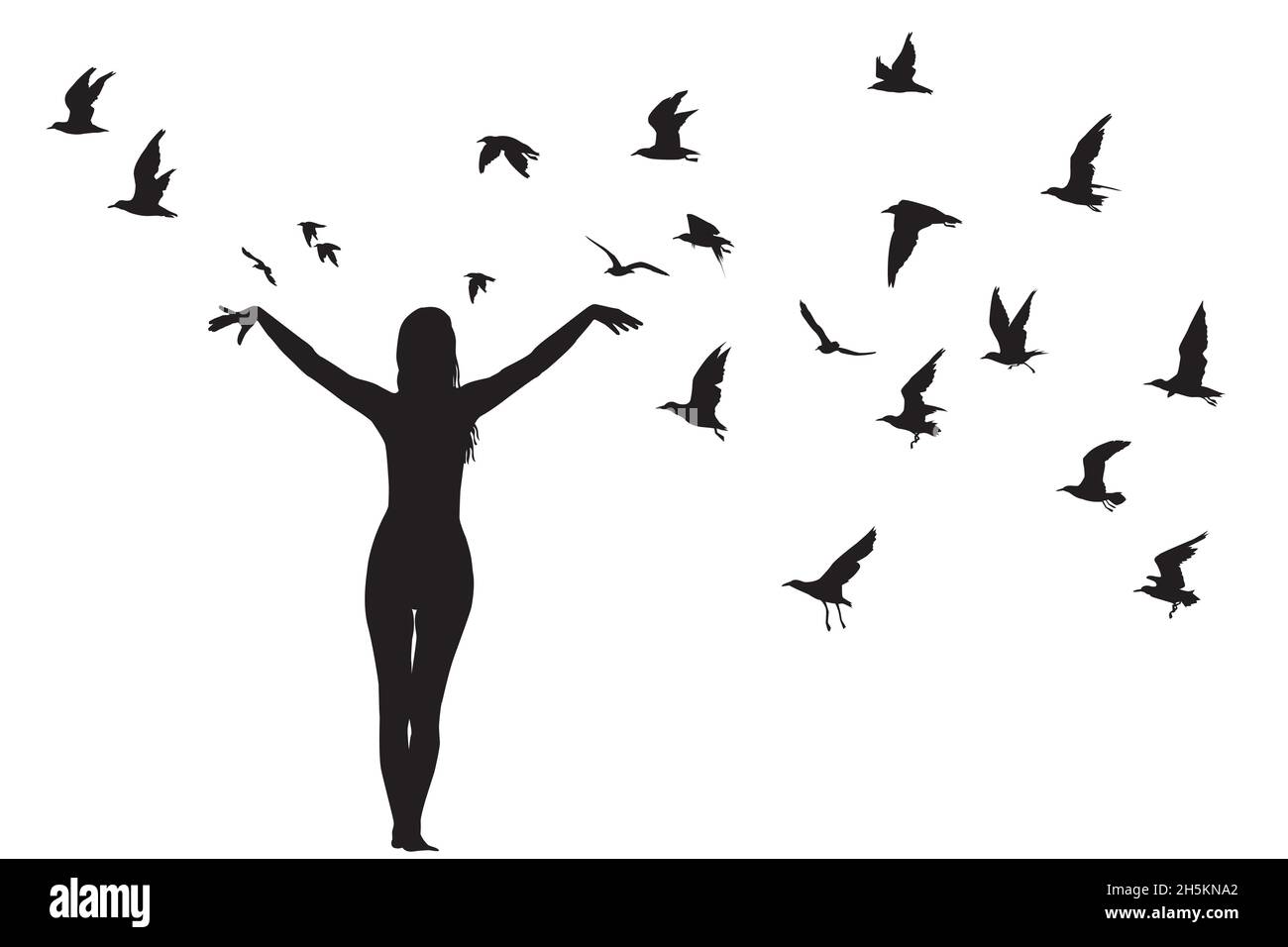 Silhouette de jeune fille et d'oiseaux ; apprendre à voler concept abstrait Illustration de Vecteur