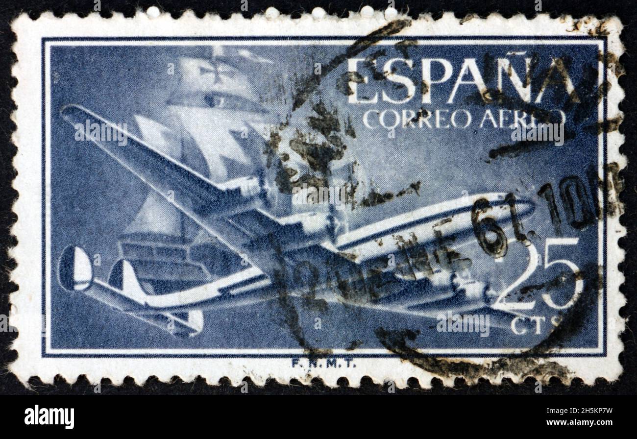 ESPAGNE - VERS 1956: Un timbre imprimé en Espagne montre avion et Caravel, vers 1956 Banque D'Images