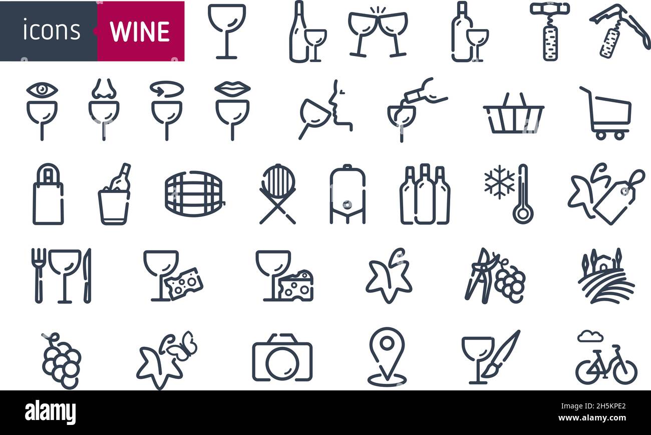 Définissez les icônes du vin.Icônes bouteilles et verres à vin, boutique, dégustation, nourriture, cave,vignobles, tourisme viticole et activités.Icônes de dégustation de vin. Vector ill Illustration de Vecteur
