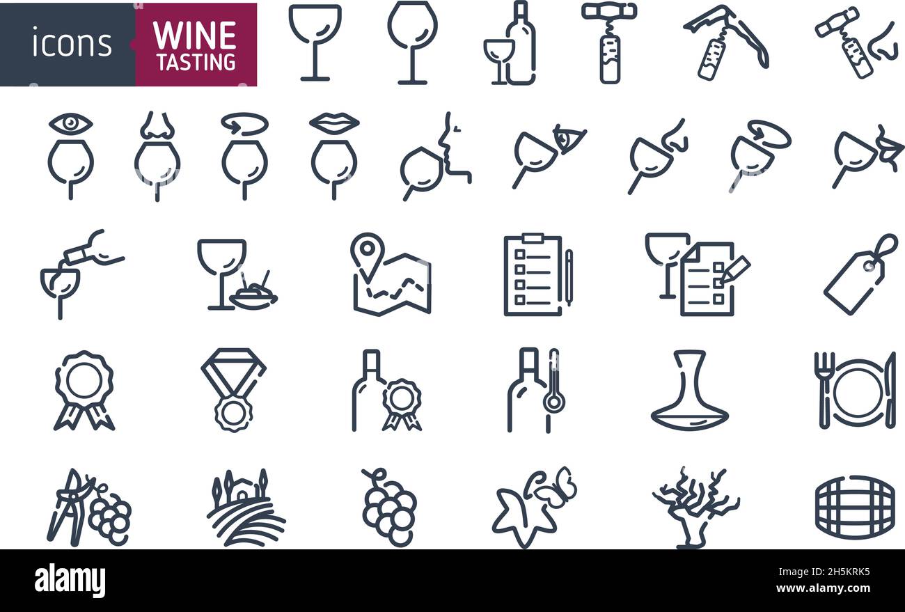 Ensemble d'icônes de vin.Des icônes pour la dégustation de vins professionnels, la dégustation, la recherche, l'odeur, l'agitation.Icônes de l'industrie du vin. Lunettes de vin et bouteilles.Vecteur illust Illustration de Vecteur