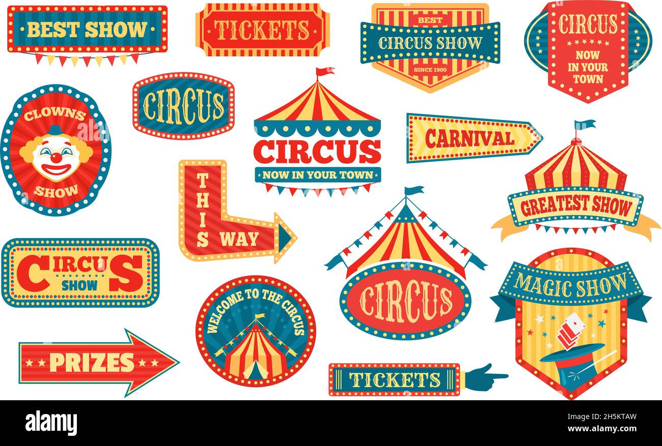 Étiquettes de cirque, affiches et insignes de carnaval, panneaux de signalisation du festival.Affiche de spectacle magique vintage, parc d'attractions ou événement de festival emblèmes ensemble de vecteur.Carnaval, prix et points de vente de billets, publicité de festival Illustration de Vecteur