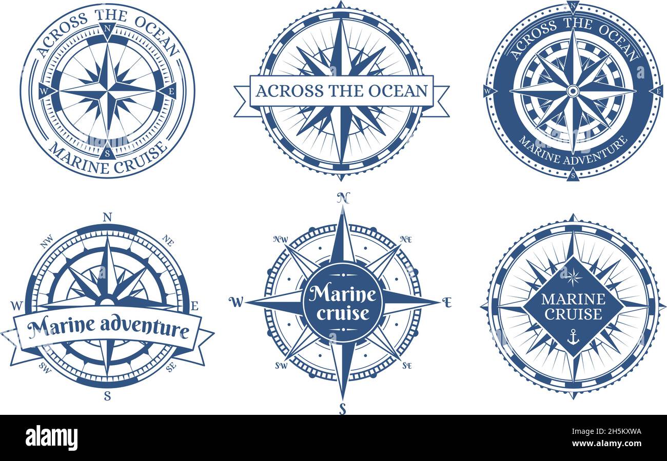 Rose vintage vent marine compas étiquettes.Le vieux compas de navigation maritime antique est un jeu d'illustrations vectorielles.Boussoles roses à vent de mer Illustration de Vecteur