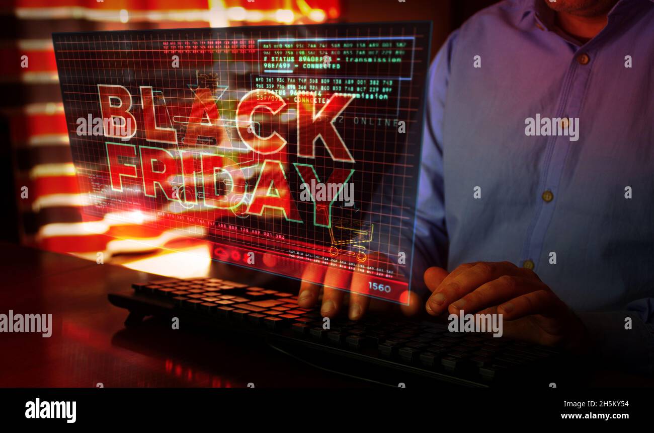 Vendredi noir sur l'écran de l'ordinateur.Grande vente, offre spéciale, shopping et offre spéciale concept 3d abstrait avec effet de glitch.Homme tapant le clavier. Banque D'Images