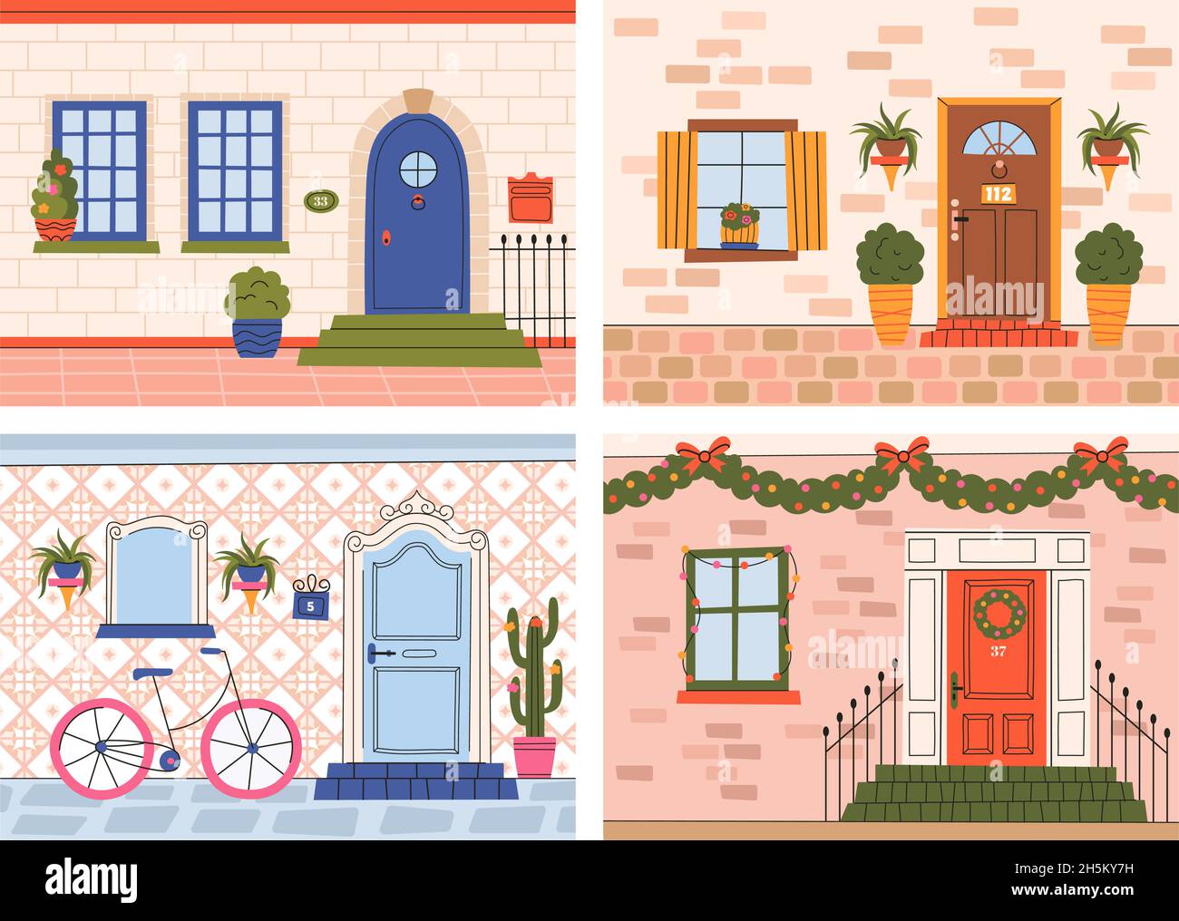 Portes avant en bois, affiches d'entrée de bâtiment.Extérieur de la maison avec entrées d'appartement, lanternes, plantes en pot vecteur illustration ensemble Illustration de Vecteur
