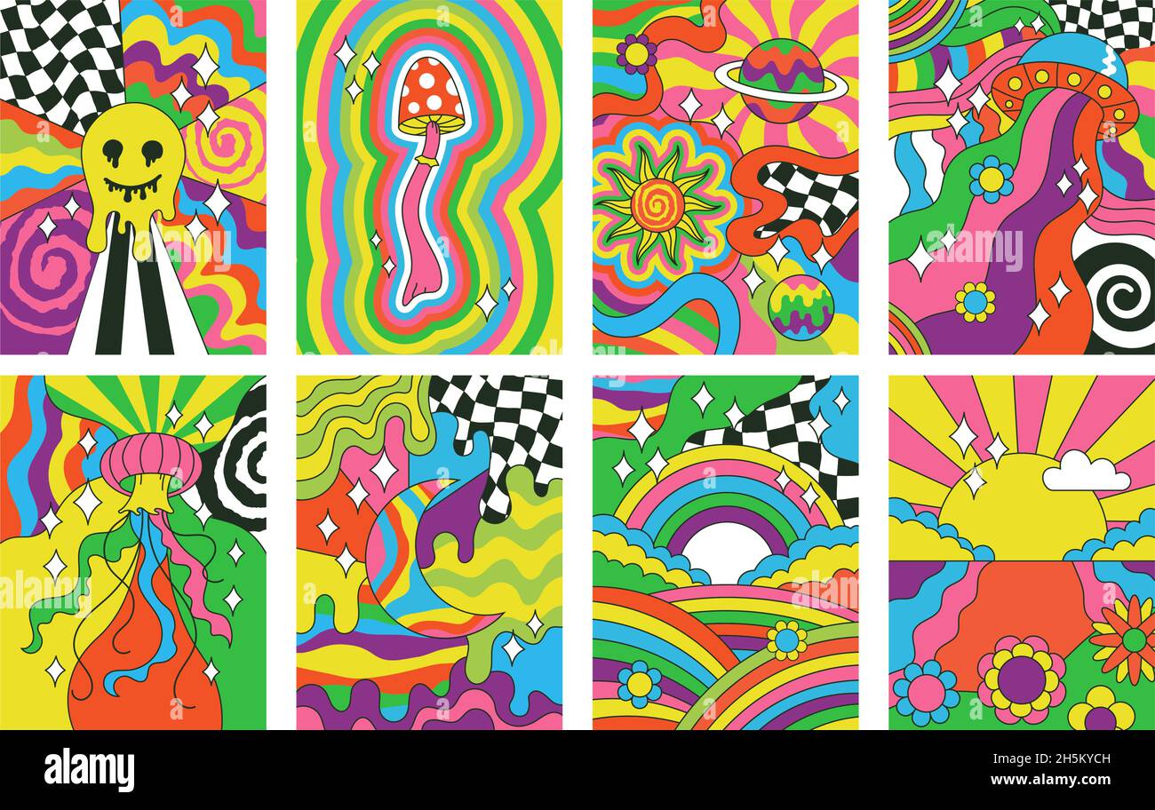 Style hippie, groovy vibes rétro affiches d'art psychédélique.Résumé 70s arc-en-ciel, soleil, fleurs hipster couvre vecteur jeu d'illustrations.Psychédélique Illustration de Vecteur