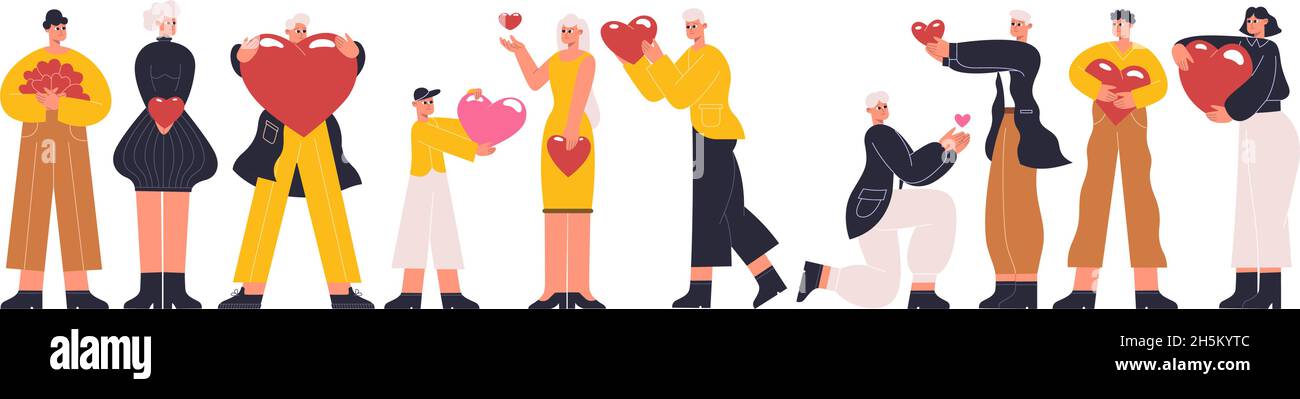 Les gens qui tiennent des coeurs, des personnages partagent l'amour, le don ou la Saint-Valentin.Illustration vectorielle des personnages heureux transportant et partageant des cœurs.Femme et Illustration de Vecteur
