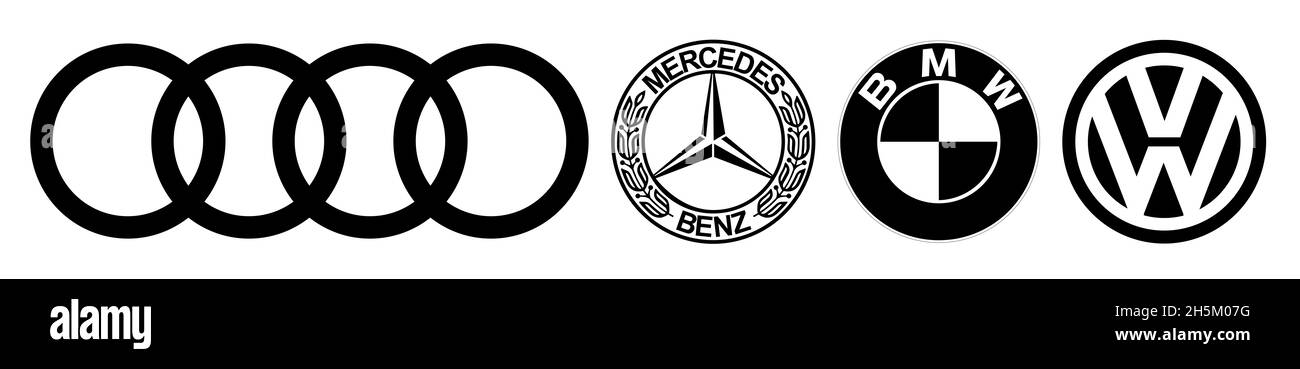 Vinnitsa, UKRAINE - 14 novembre 2020: Logos des marques allemandes populaires de voitures: Mercedes, audi, BMW et Volkswagen Banque D'Images