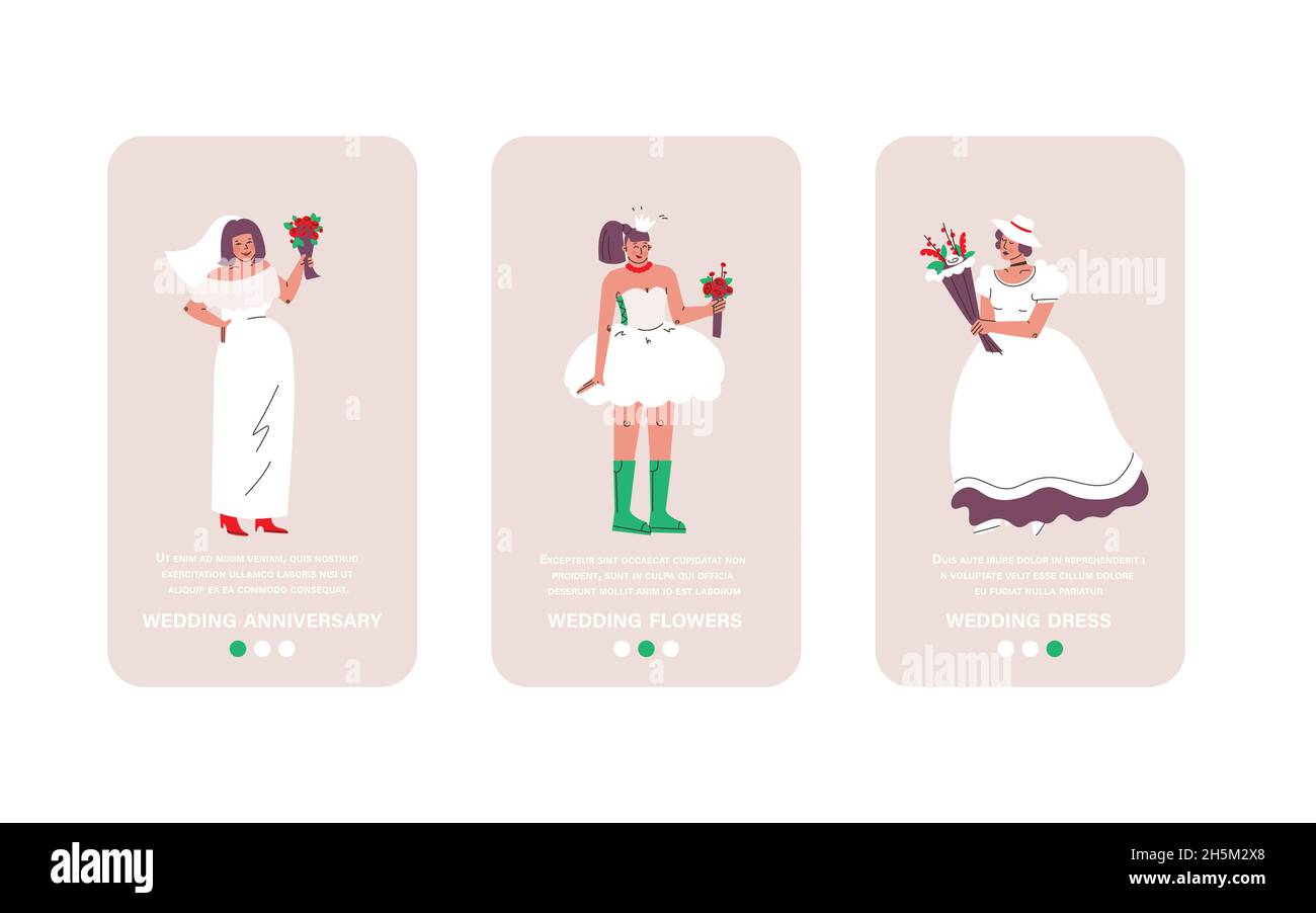 Un ensemble d'écrans pour une application mobile sur le thème du mariage.Mariée en robes de mariage tenant des fleurs.Blanc, beige et violet.Vecteur plat Illustration de Vecteur