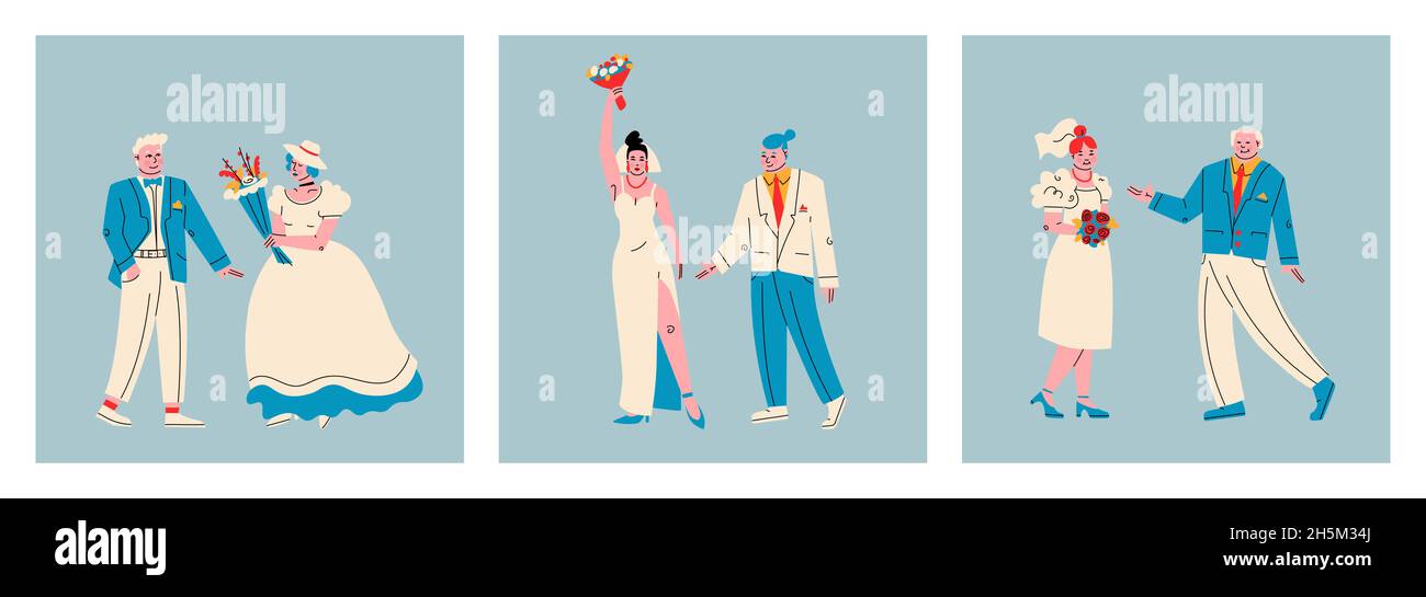 Divers couples en robes de mariage.Mariée et marié dans un costume élégant.Jeu d'illustrations vectorielles tendance. Illustration de Vecteur