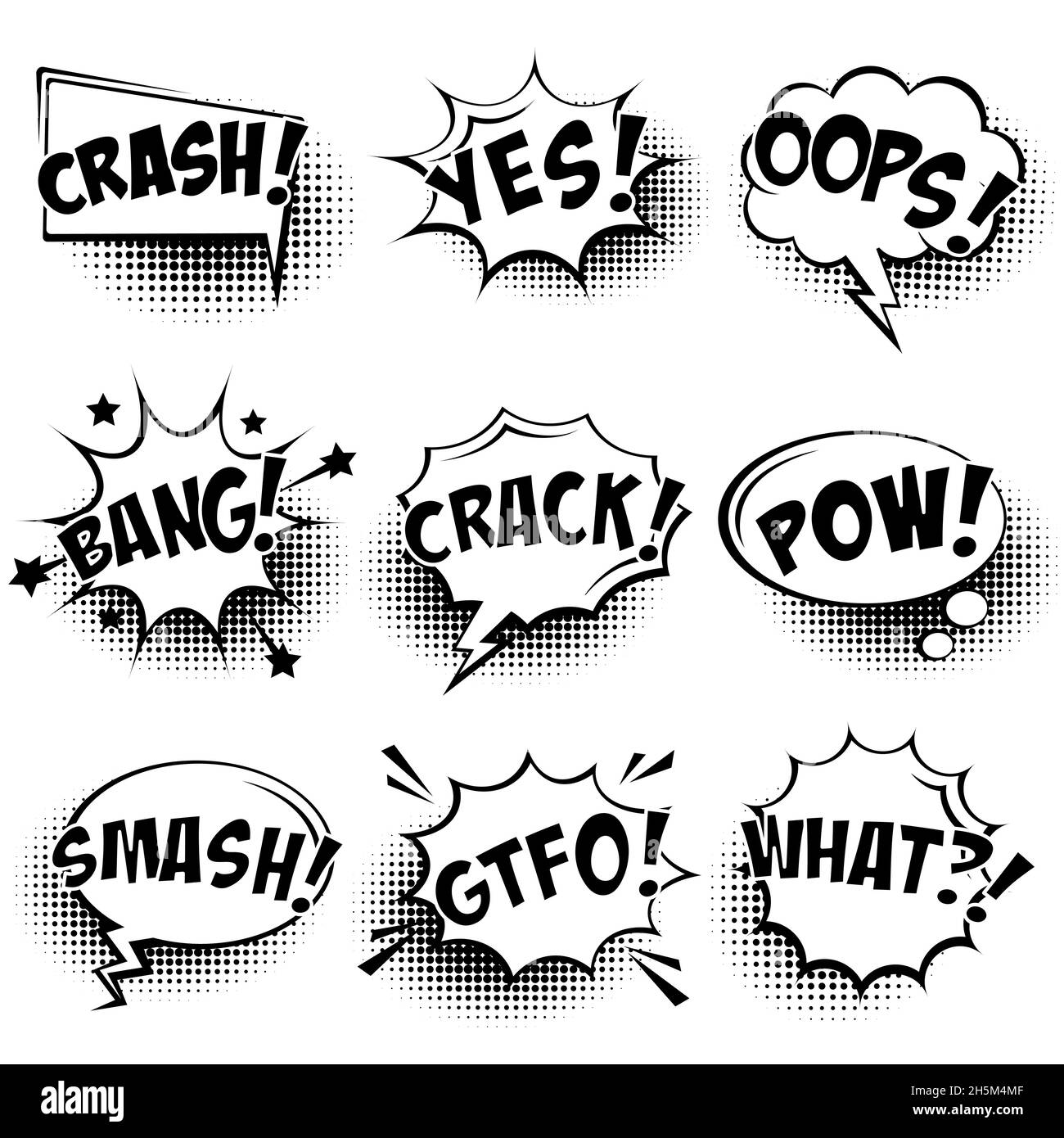 Bulles de langage comique avec ombres demi-teintes et texte isolé sur fond blanc. Autocollants de dessin animé rétro dessinés à la main. Style pop art. Vecteur Illustration de Vecteur