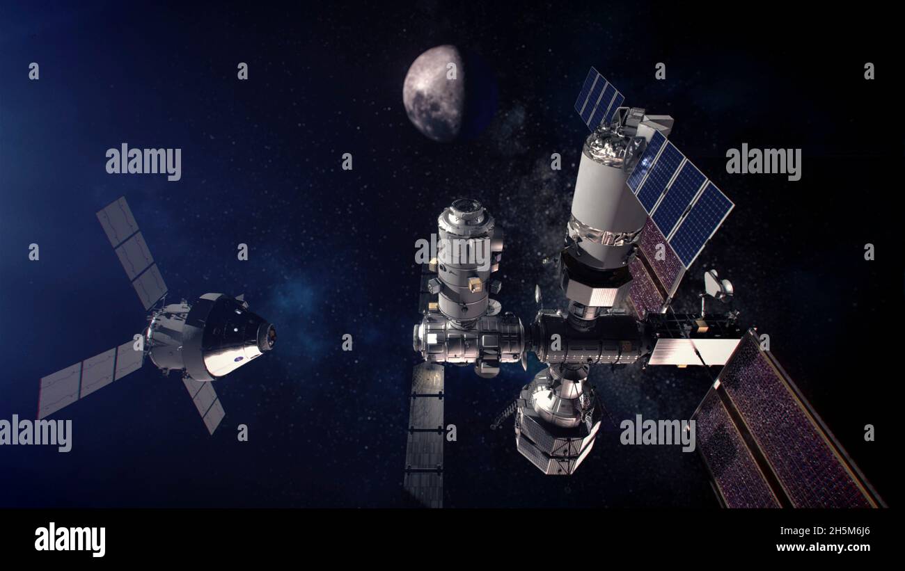 Lunar Orbit, États-Unis d'Amérique.10 novembre 2021.Illustration de la station spatiale SpaceX Gateway en orbite lunaire alors que le vaisseau spatial Artemis s'approche de l'amarrage.La passerelle servira de station de transfert entre l'engin spatial Orion et l'atterrisseur lunaire sur les missions d'Artemis sur la lune.Bill Nelson, administrateur de la NASA, a annoncé le 9 novembre 2021 que les missions Artemis procéderons à des essais en vol à équipage prévus d'ici 2024.Credit: NASA/NASA/Alamy Live News Banque D'Images