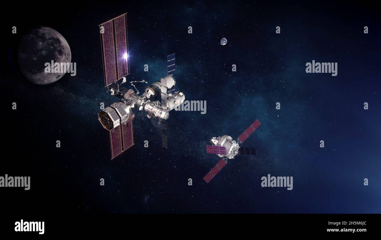Lunar Orbit, États-Unis d'Amérique.10 novembre 2021.Illustration de la station spatiale SpaceX Gateway en orbite lunaire à l'approche du vaisseau spatial Artemis.La passerelle servira de station de transfert entre l'engin spatial Orion et l'atterrisseur lunaire sur les missions d'Artemis sur la lune.Bill Nelson, administrateur de la NASA, a annoncé le 9 novembre 2021 que les missions Artemis procéderons à des essais en vol à équipage prévus d'ici 2024.Credit: NASA/NASA/Alamy Live News Banque D'Images