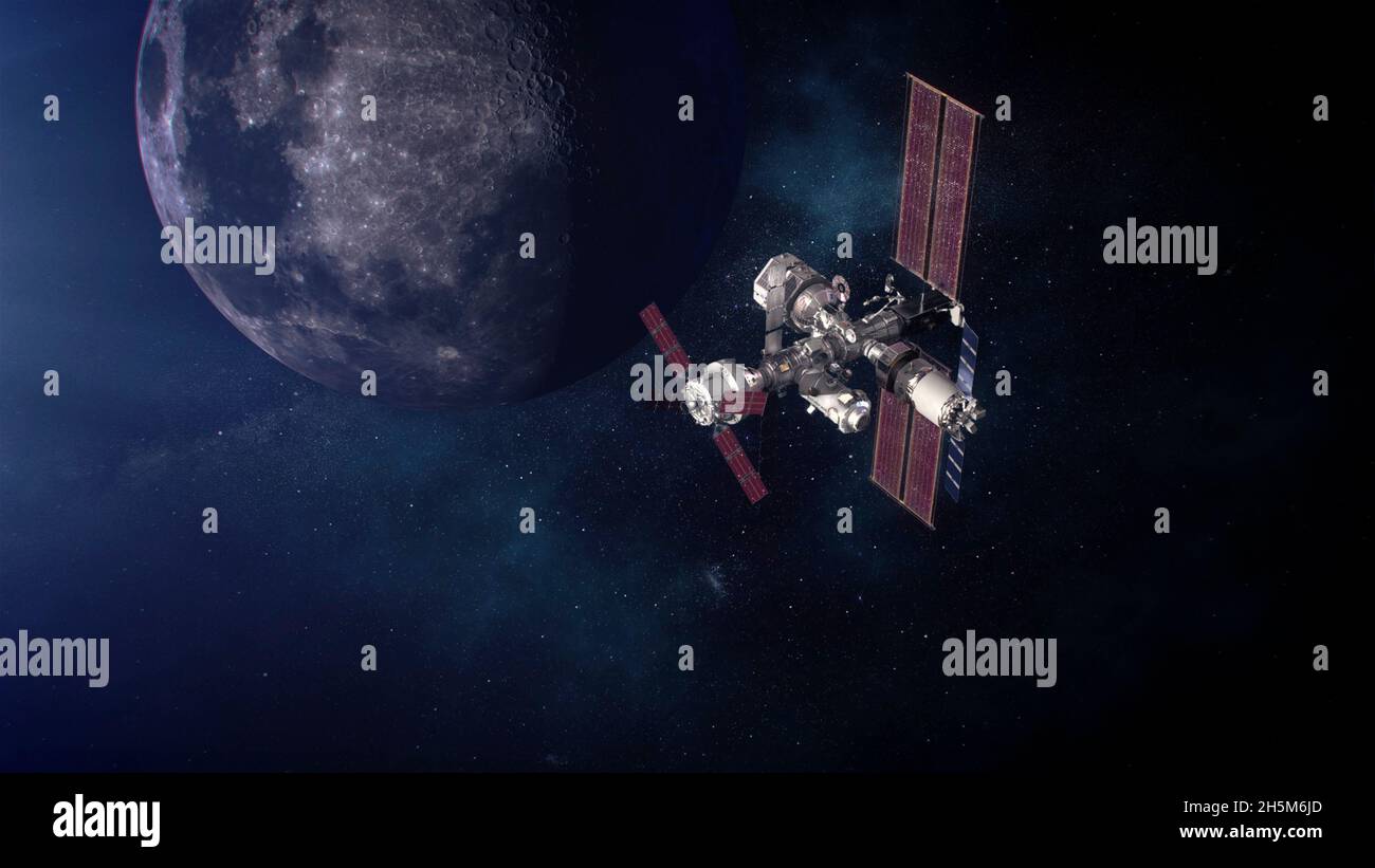 Lunar Orbit, États-Unis d'Amérique.10 novembre 2021.Illustration de la station spatiale SpaceX Gateway en orbite lunaire alors que le vaisseau spatial Artemis est amarré.La passerelle servira de station de transfert entre l'engin spatial Orion et l'atterrisseur lunaire sur les missions d'Artemis sur la lune.Bill Nelson, administrateur de la NASA, a annoncé le 9 novembre 2021 que les missions Artemis procéderons à des essais en vol à équipage prévus d'ici 2024.Credit: NASA/NASA/Alamy Live News Banque D'Images
