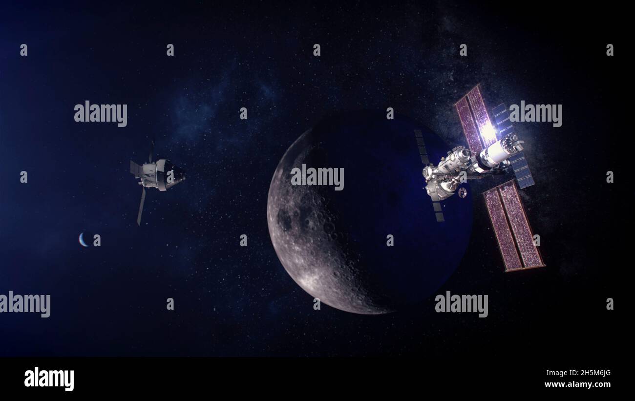Lunar Orbit, États-Unis d'Amérique.09 novembre 2021.Illustration de la station spatiale SpaceX Gateway en orbite lunaire alors que le vaisseau spatial Artemis s'approche de l'amarrage.La passerelle servira de station de transfert entre l'engin spatial Orion et l'atterrisseur lunaire sur les missions d'Artemis sur la lune.Bill Nelson, administrateur de la NASA, a annoncé le 9 novembre 2021 que les missions Artemis procéderons à des essais en vol à équipage prévus d'ici 2024.Credit: NASA/NASA/Alamy Live News Banque D'Images