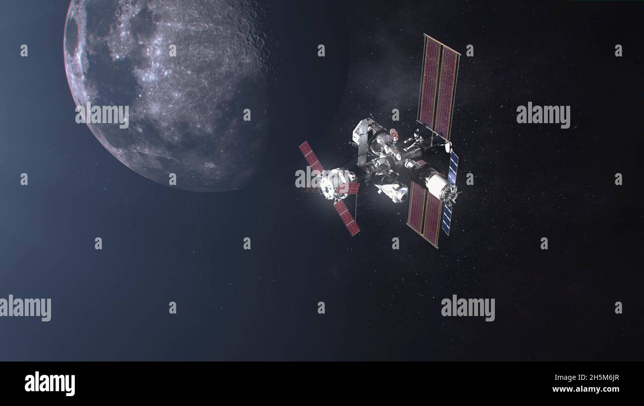 Lunar Orbit, États-Unis d'Amérique.10 novembre 2021.Illustration de la station spatiale SpaceX Gateway en orbite lunaire à l'approche du vaisseau spatial Artemis.La passerelle servira de station de transfert entre l'engin spatial Orion et l'atterrisseur lunaire sur les missions d'Artemis sur la lune.Bill Nelson, administrateur de la NASA, a annoncé le 9 novembre 2021 que les missions Artemis procéderons à des essais en vol à équipage prévus d'ici 2024.Credit: NASA/NASA/Alamy Live News Banque D'Images