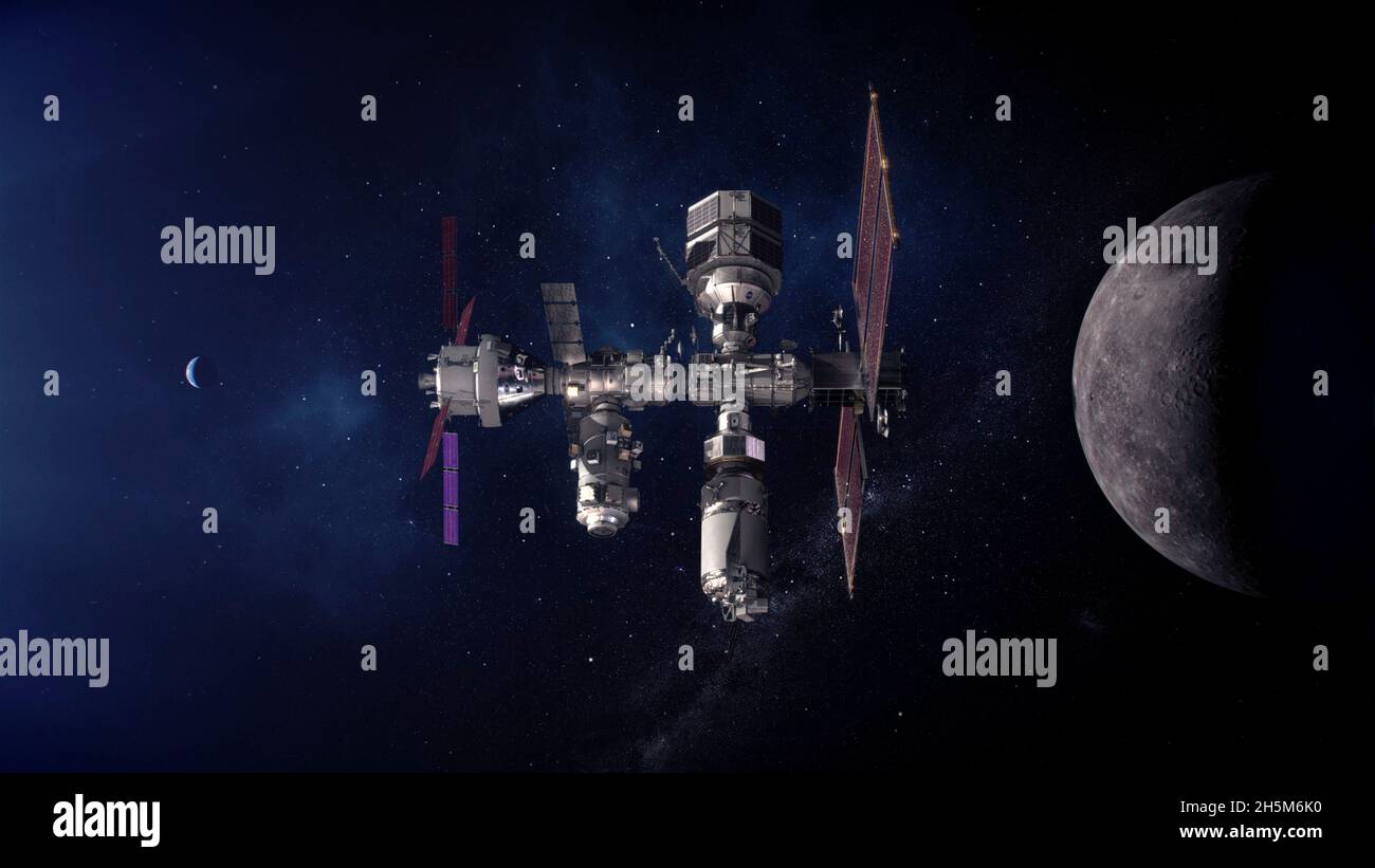 Lunar Orbit, États-Unis d'Amérique.10 novembre 2021.Illustration de la station spatiale SpaceX Gateway en orbite lunaire avec le vaisseau spatial Artemis amarré.La passerelle servira de station de transfert entre l'engin spatial Orion et l'atterrisseur lunaire sur les missions d'Artemis sur la lune.Bill Nelson, administrateur de la NASA, a annoncé le 9 novembre 2021 que les missions Artemis procéderons à des essais en vol à équipage prévus d'ici 2024.Credit: NASA/NASA/Alamy Live News Banque D'Images