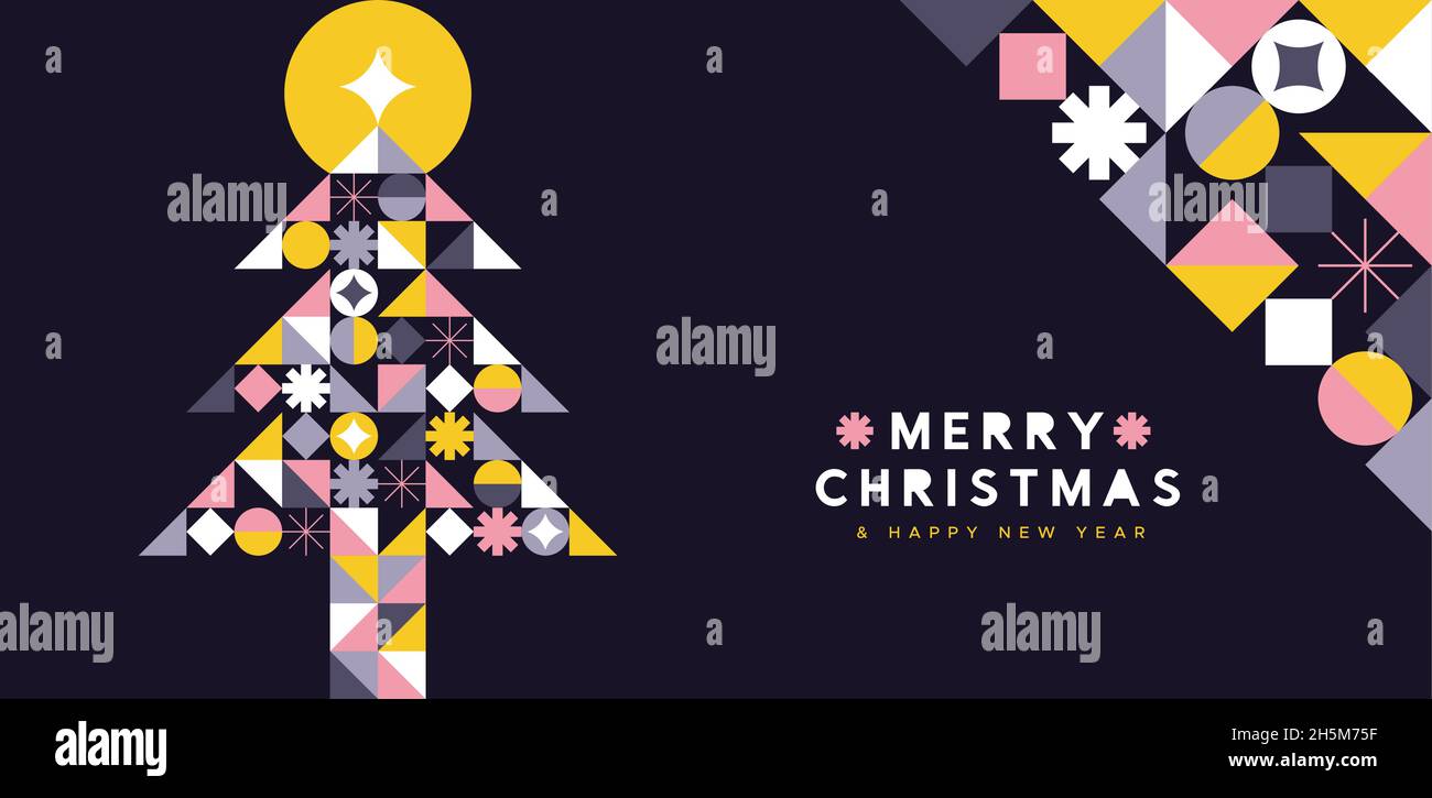 Joyeux Noël carte de vœux du nouvel an illustration de la mosaïque moderne colorée de pin avec forme géométrique dans le style abstrait scandinave.Ele Illustration de Vecteur