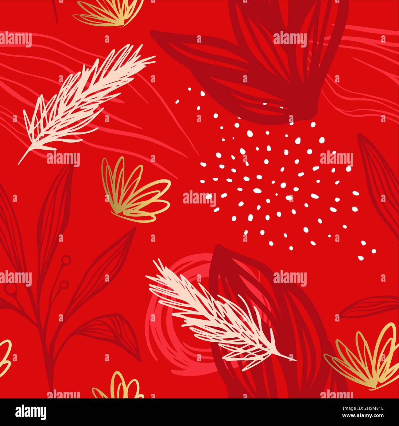 Abstrait noël nature décoration illustration sans couture à motif avec des gribouillages de fleurs dorés.Décor de Noël à feuilles de plantes rouges festives, luxueux et moderne wal Illustration de Vecteur