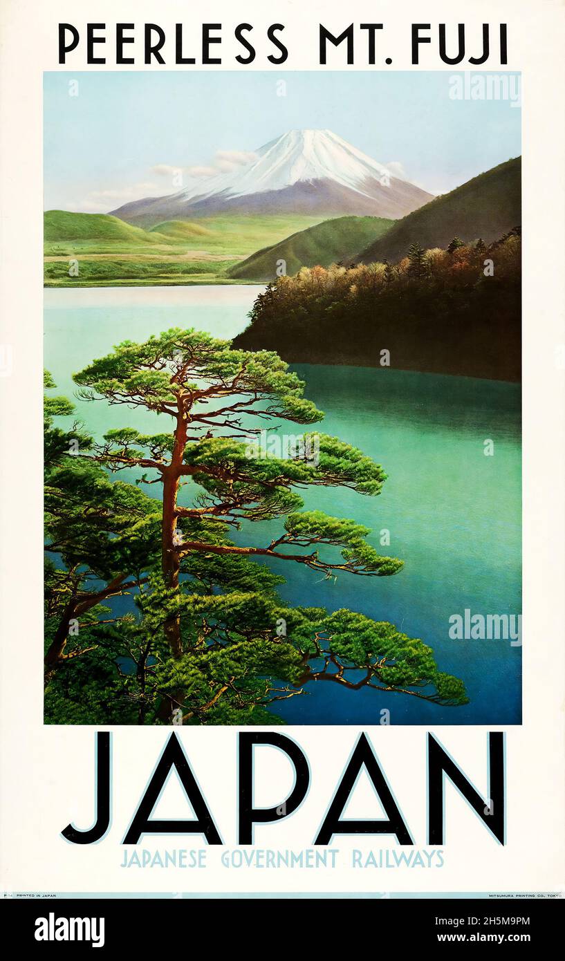 Affiche de voyage des années 1930 au Japon - Peerless Mt.Fuji ».Chemins de fer du gouvernement japonais. Banque D'Images