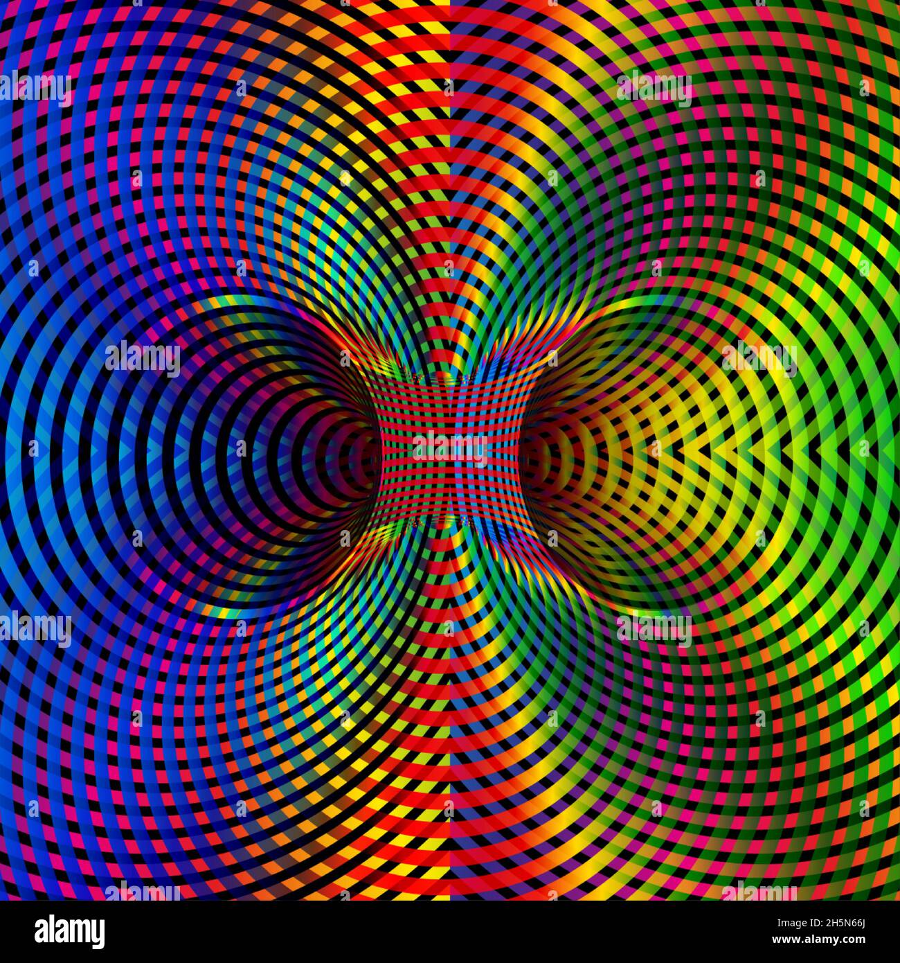 Wormhole illusion optique irisée, Double trou de ver gradient de spectre coloré, Abstract hypnotic espace de tunnel psychédélique.VEC torsadé multiconducteurs Illustration de Vecteur
