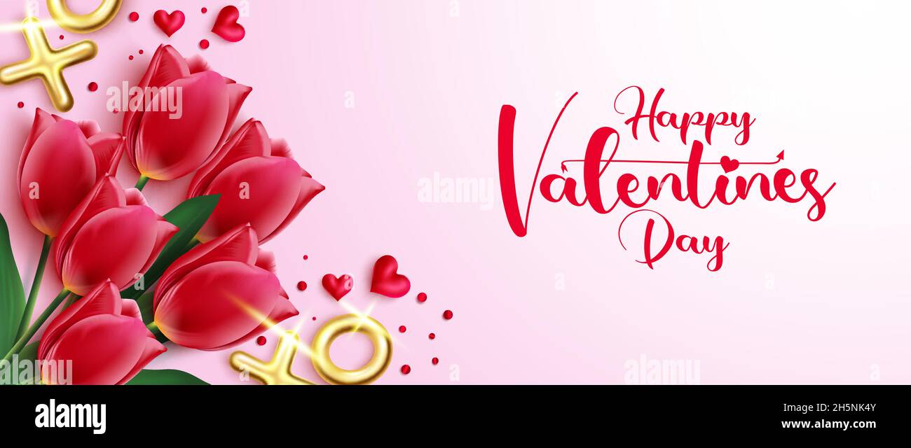 Motif vectoriel de message d'accueil de Saint-Valentin.Joyeux Saint Valentin texte typographique avec bouquet de tulipes et ballons d'or éléments romantiques pour le jour des coeurs. Illustration de Vecteur