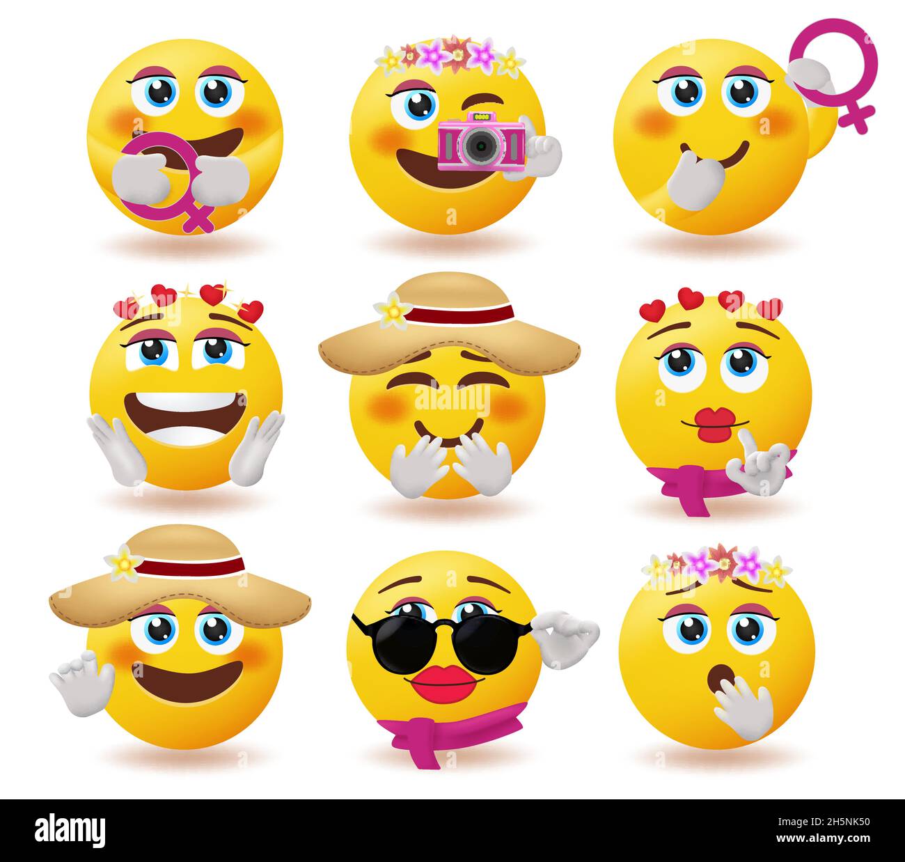 Ensemble de vecteurs de caractères smiley femmes.Collection Woman emoji avec de jolies expressions du visage et des éléments féminins pour femme de jour. Illustration de Vecteur