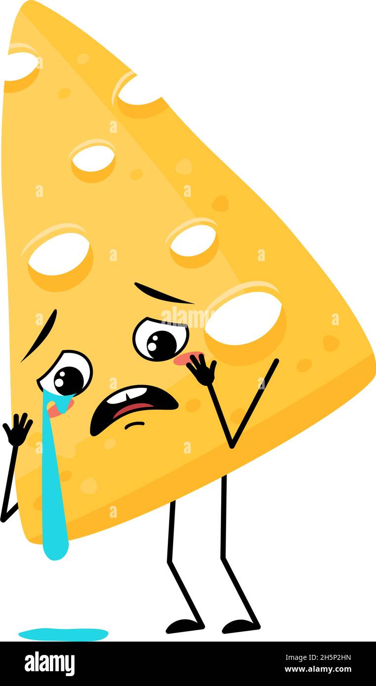 Mignon caractère fromage avec pleurs et larmes émotion, visage triste, yeux dépressifs, bras et jambes.Repas laitier mélancolique ou en-cas.Illustration vectorielle plate Illustration de Vecteur